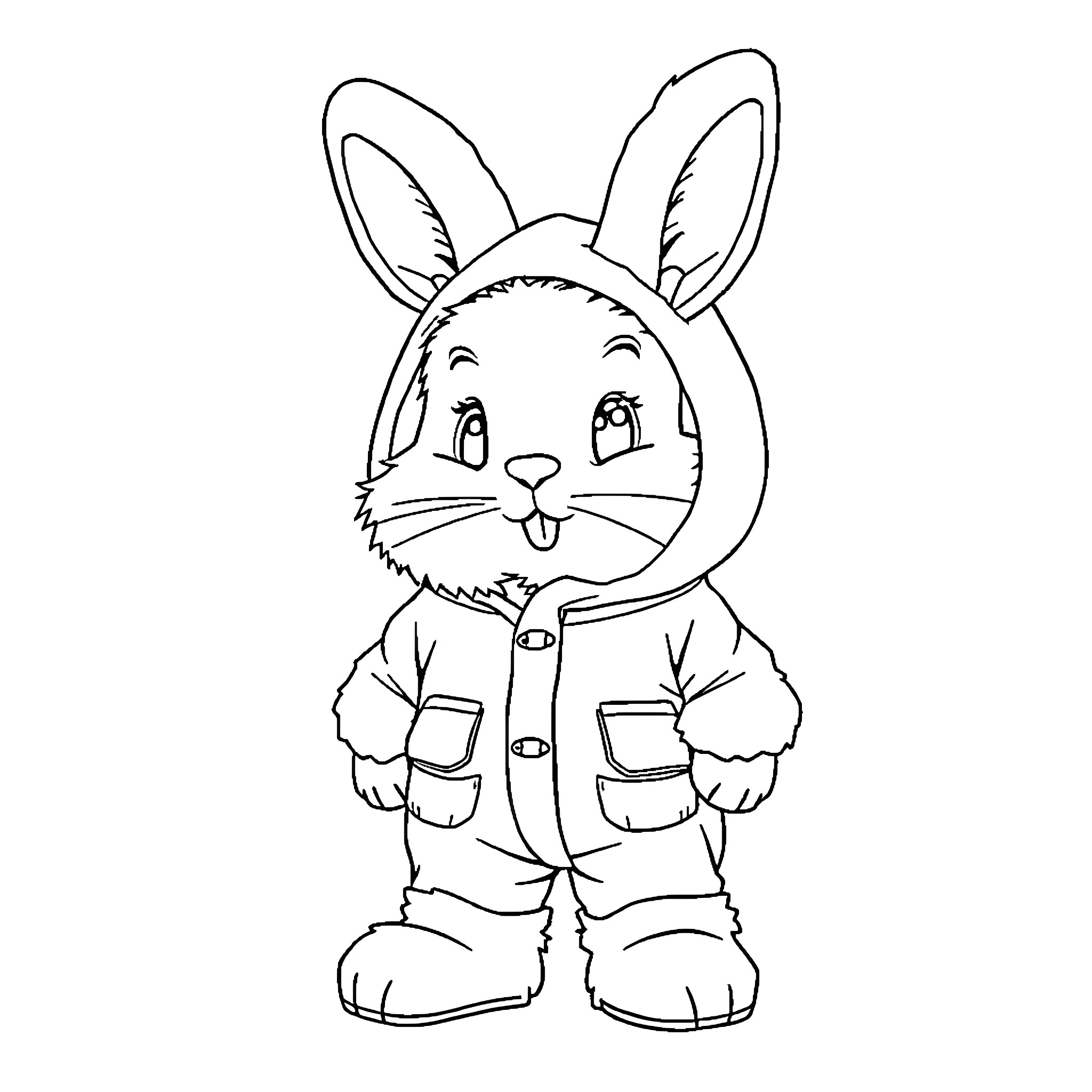 Bunny wearing a cozy jacket and smiling Coloring Page (free black-and-white line drawing printable PDF for all, from beginners to advanced learners, including children, teens, adults, and seniors)
