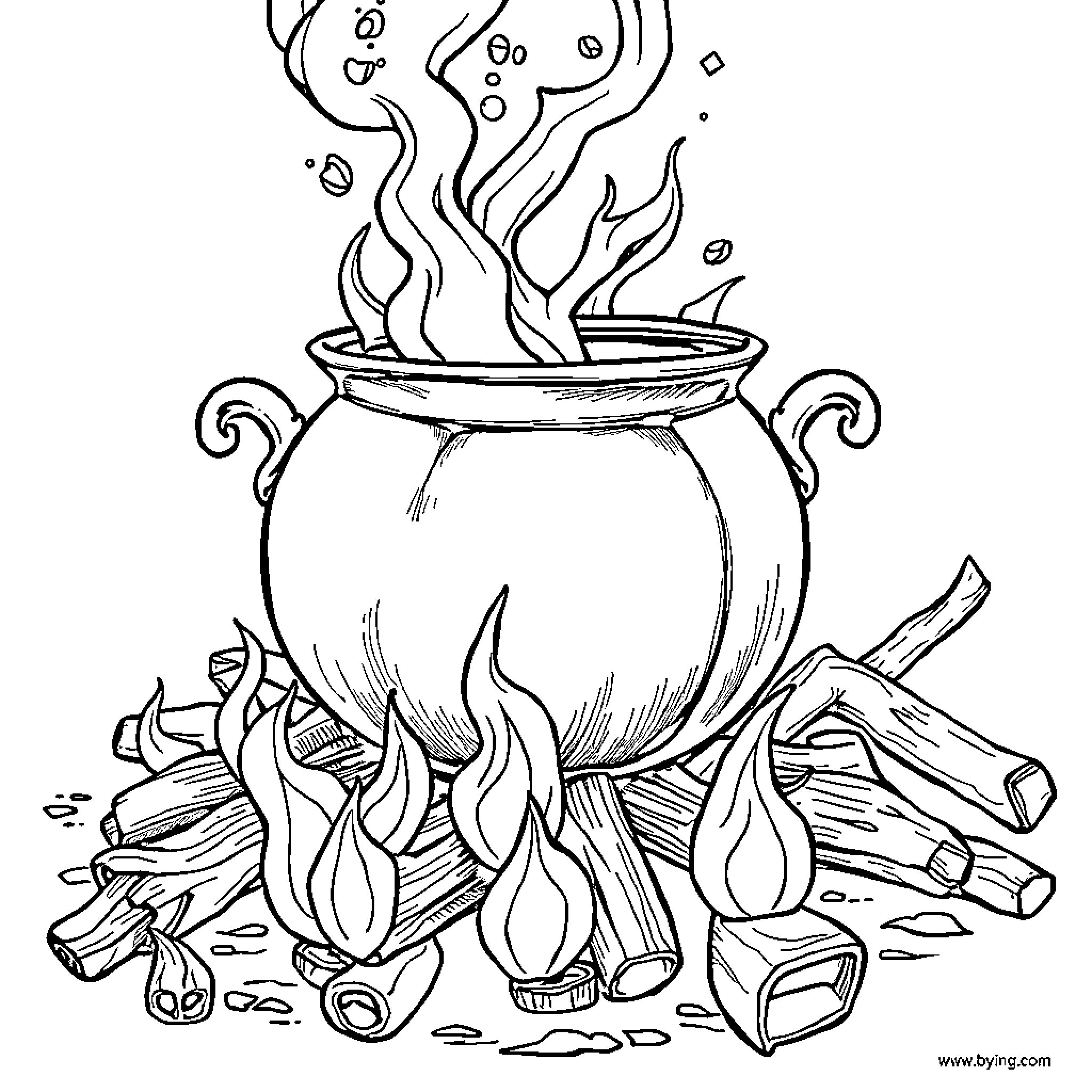 Witch Pot Brewing Over Crackling Fire Coloring Page (free black-and-white line drawing printable PDF for all, from beginners to advanced learners, including children, teens, adults, and seniors)