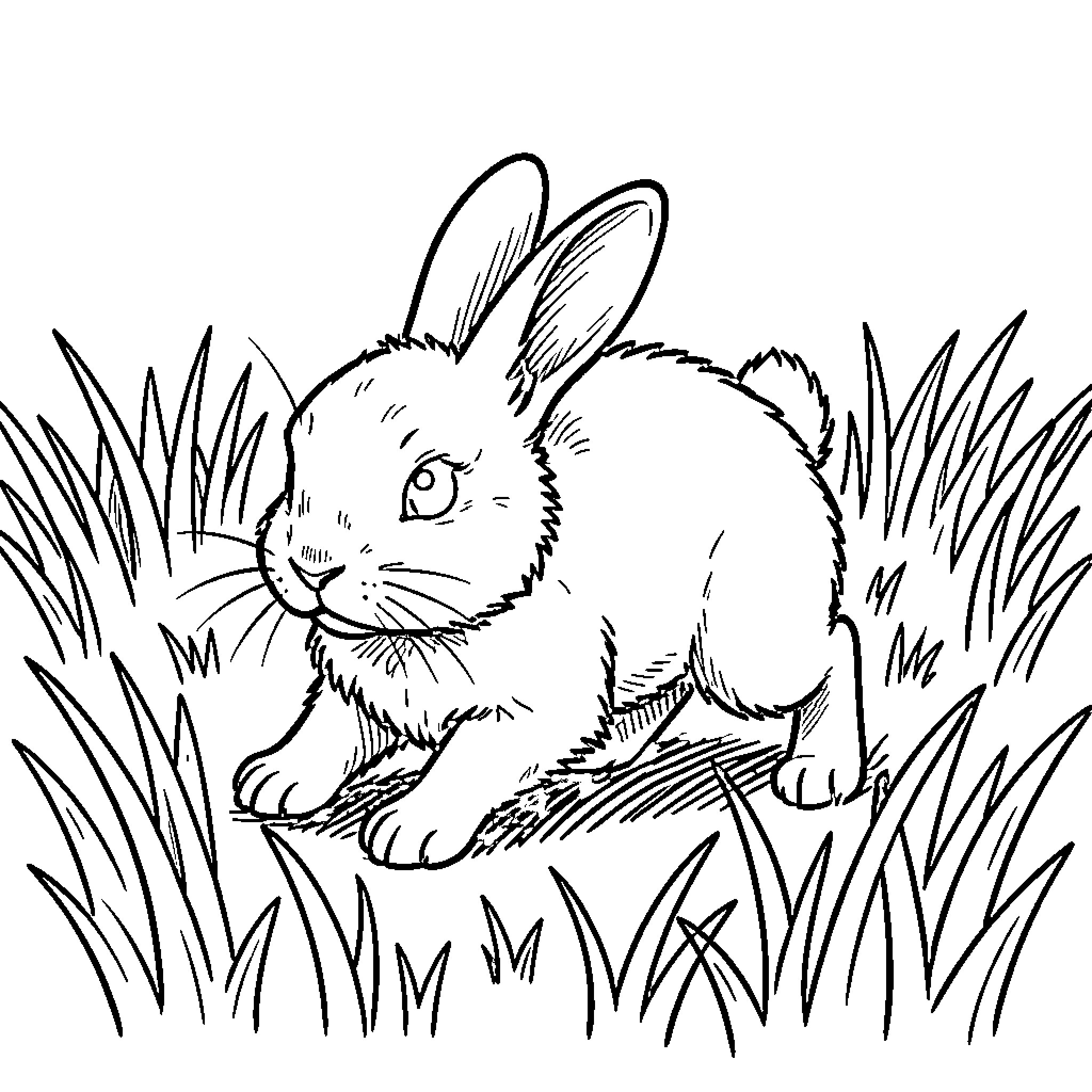 Rabbit resting in lush grass Coloring Page (free black-and-white line drawing printable PDF for all, from beginners to advanced learners, including children, teens, adults, and seniors)