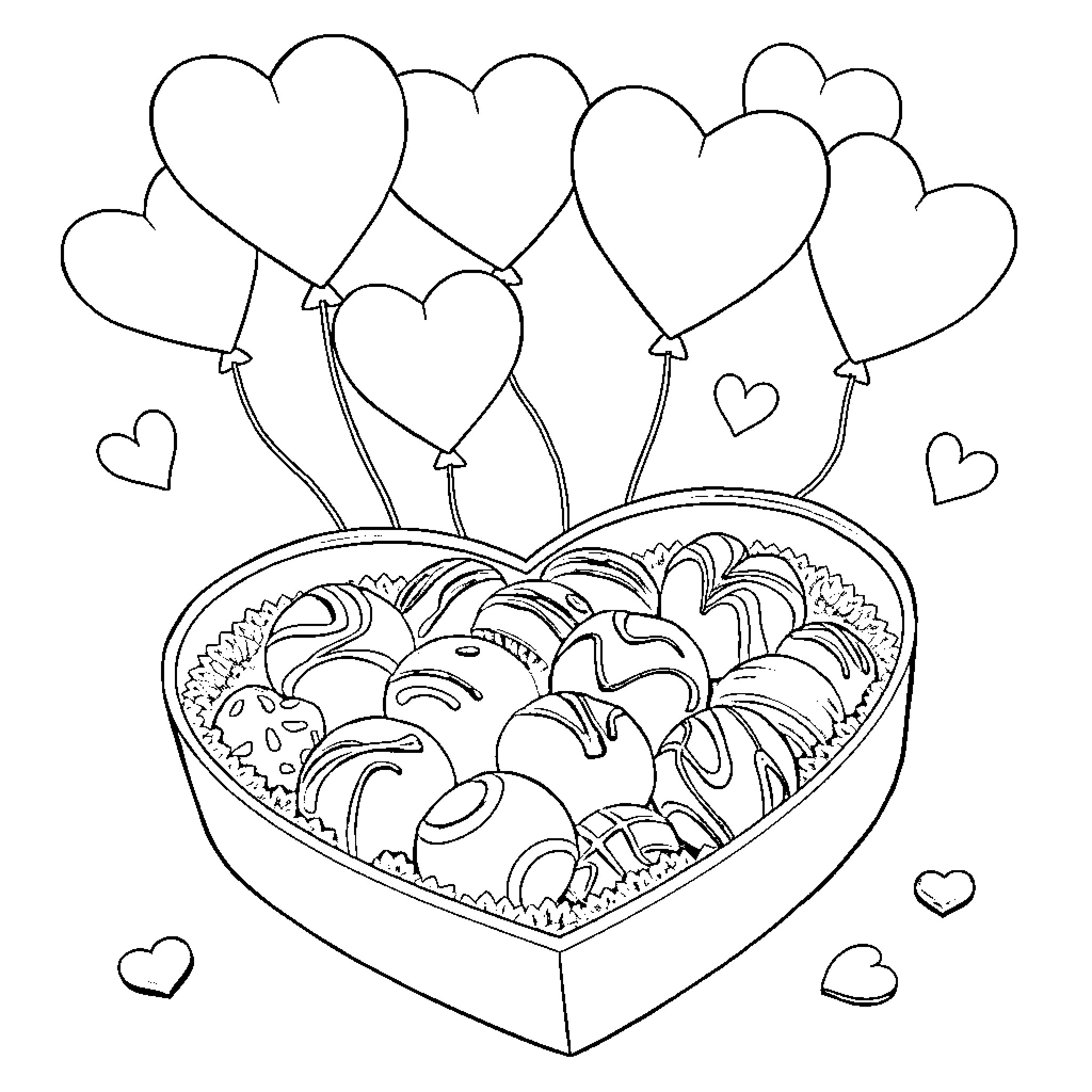 Heart-shaped Box of Valentine's Day Treats Coloring Page (free black-and-white line drawing printable PDF for all, from beginners to advanced learners, including children, teens, adults, and seniors)