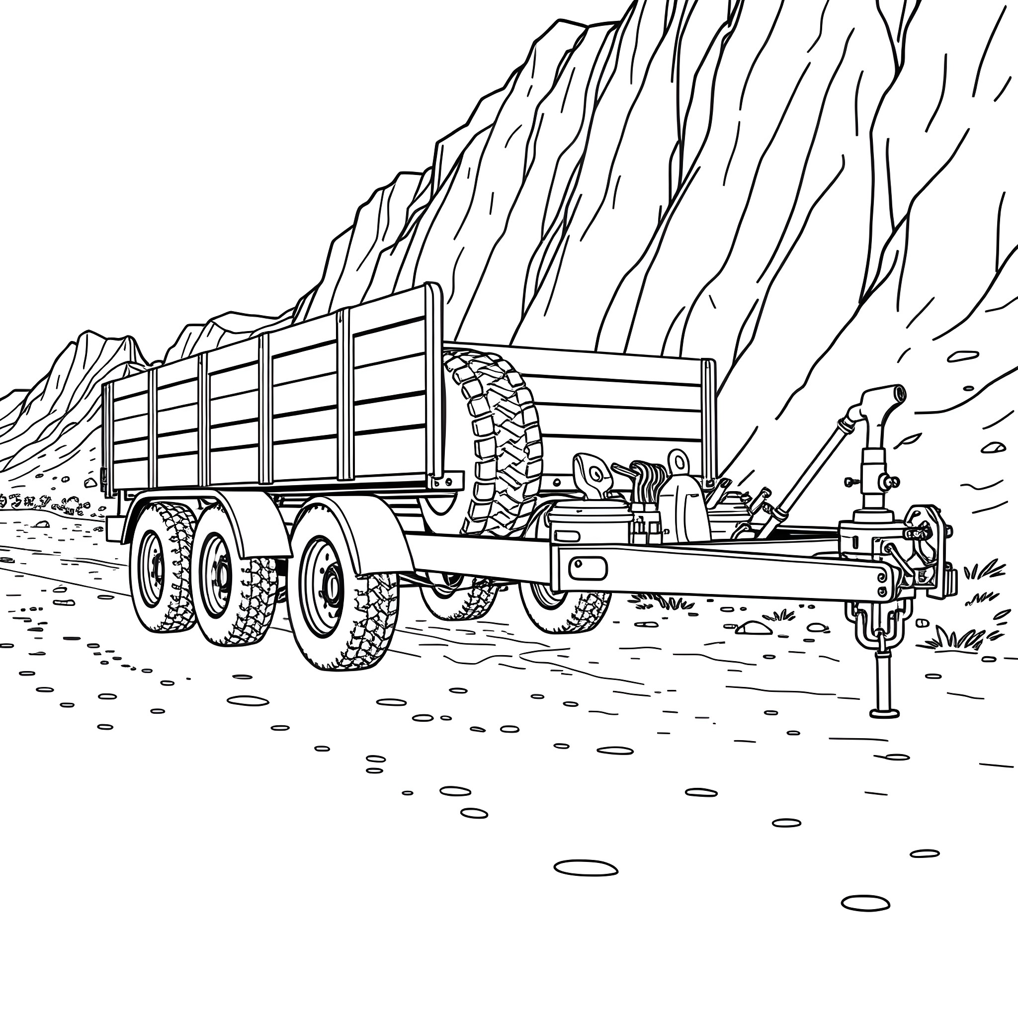 Car Trailer Transporting Cargo in Rugged Terrain Coloring Page (free black-and-white line drawing printable PDF for all, from beginners to advanced learners, including children, teens, adults, and seniors)