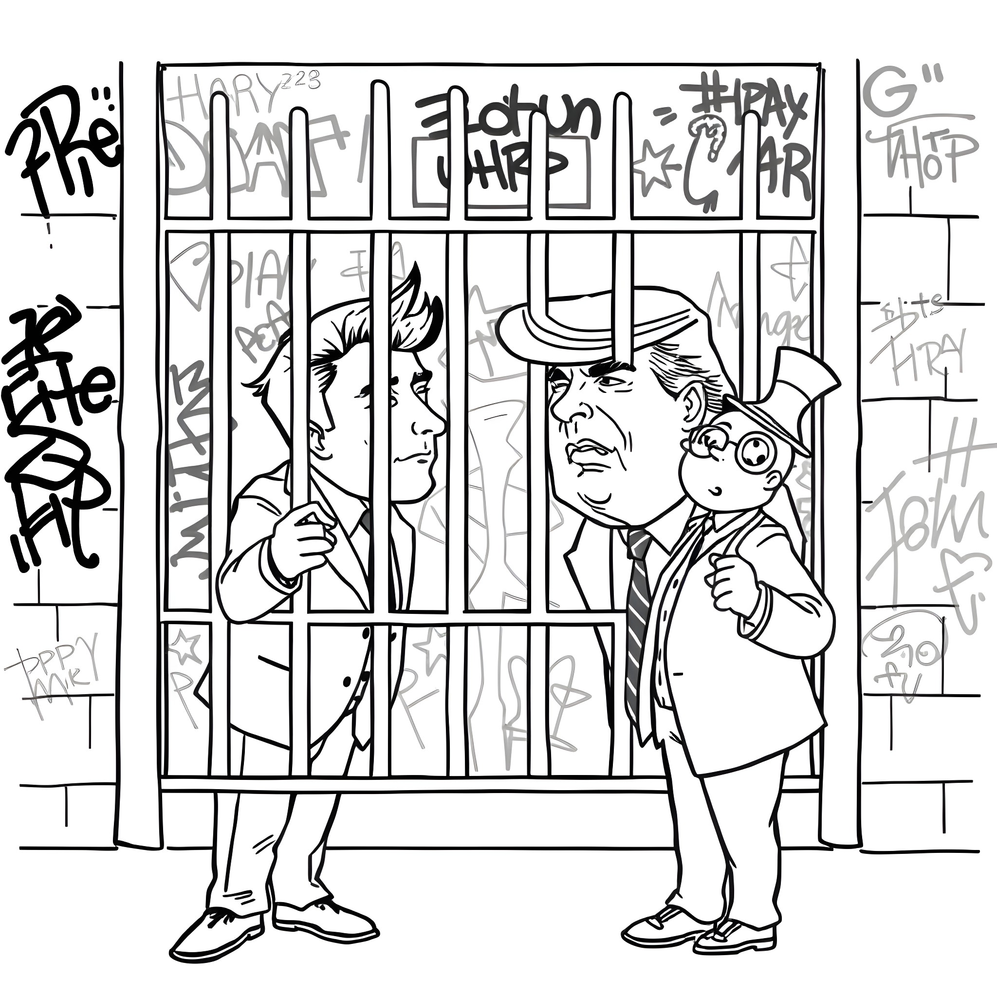 Elon Musk Behind Bars: A Captivating Cartoon Portrayal Coloring Page (free black-and-white line drawing printable PDF for all, from beginners to advanced learners, including children, teens, adults, and seniors)