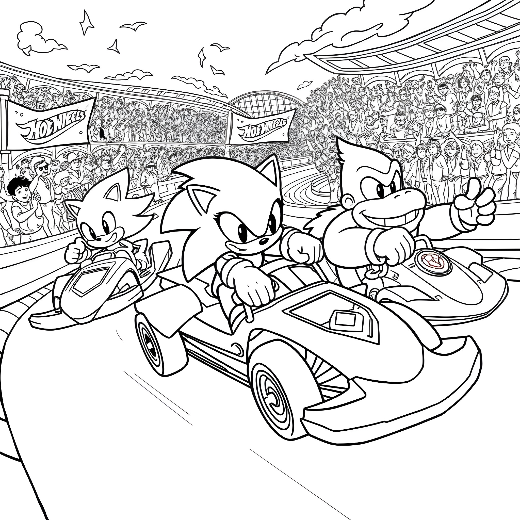 Characters racing in a high-speed competition Coloring Page (free black-and-white line drawing printable PDF for all, from beginners to advanced learners, including children, teens, adults, and seniors)