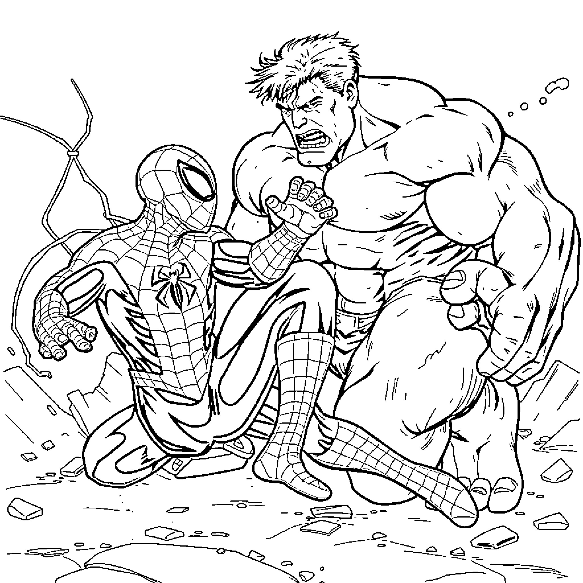 Spiderman confronting a muscular adversary Coloring Page (free black-and-white line drawing printable PDF for all, from beginners to advanced learners, including children, teens, adults, and seniors)