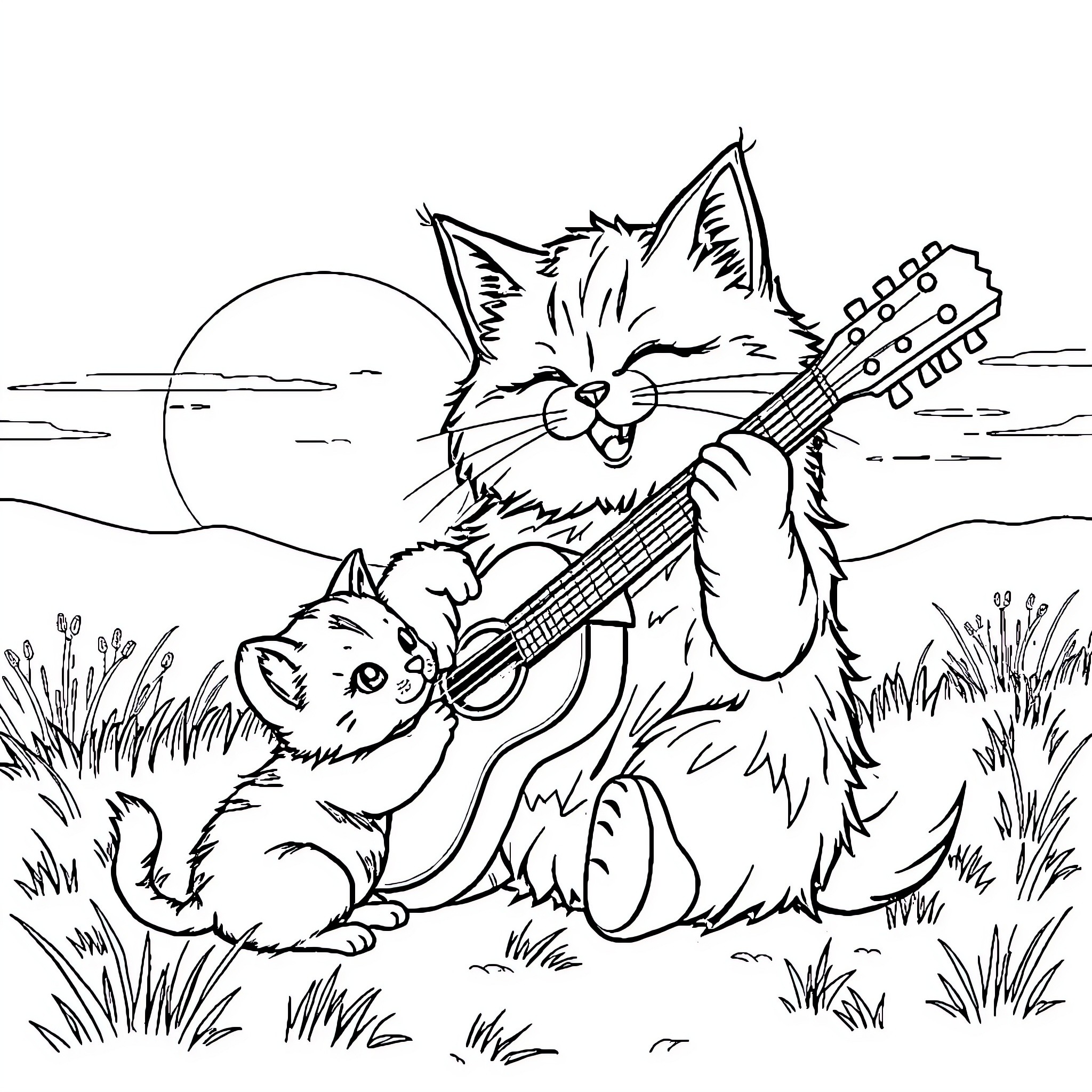 Cat strumming guitar with companion in nature Coloring Page (free black-and-white line drawing printable PDF for all, from beginners to advanced learners, including children, teens, adults, and seniors)