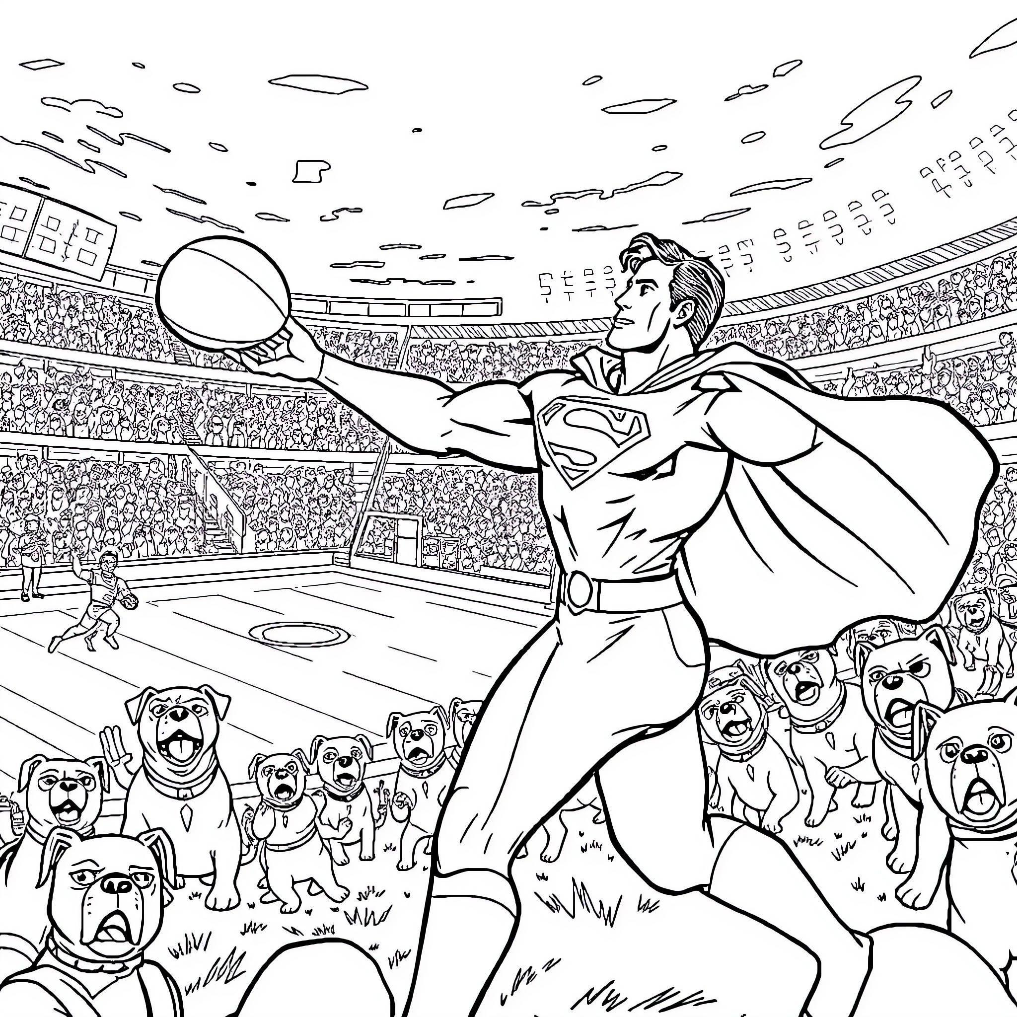 Superman saving the day in a crowded stadium Coloring Page (free black-and-white line drawing printable PDF for all, from beginners to advanced learners, including children, teens, adults, and seniors)