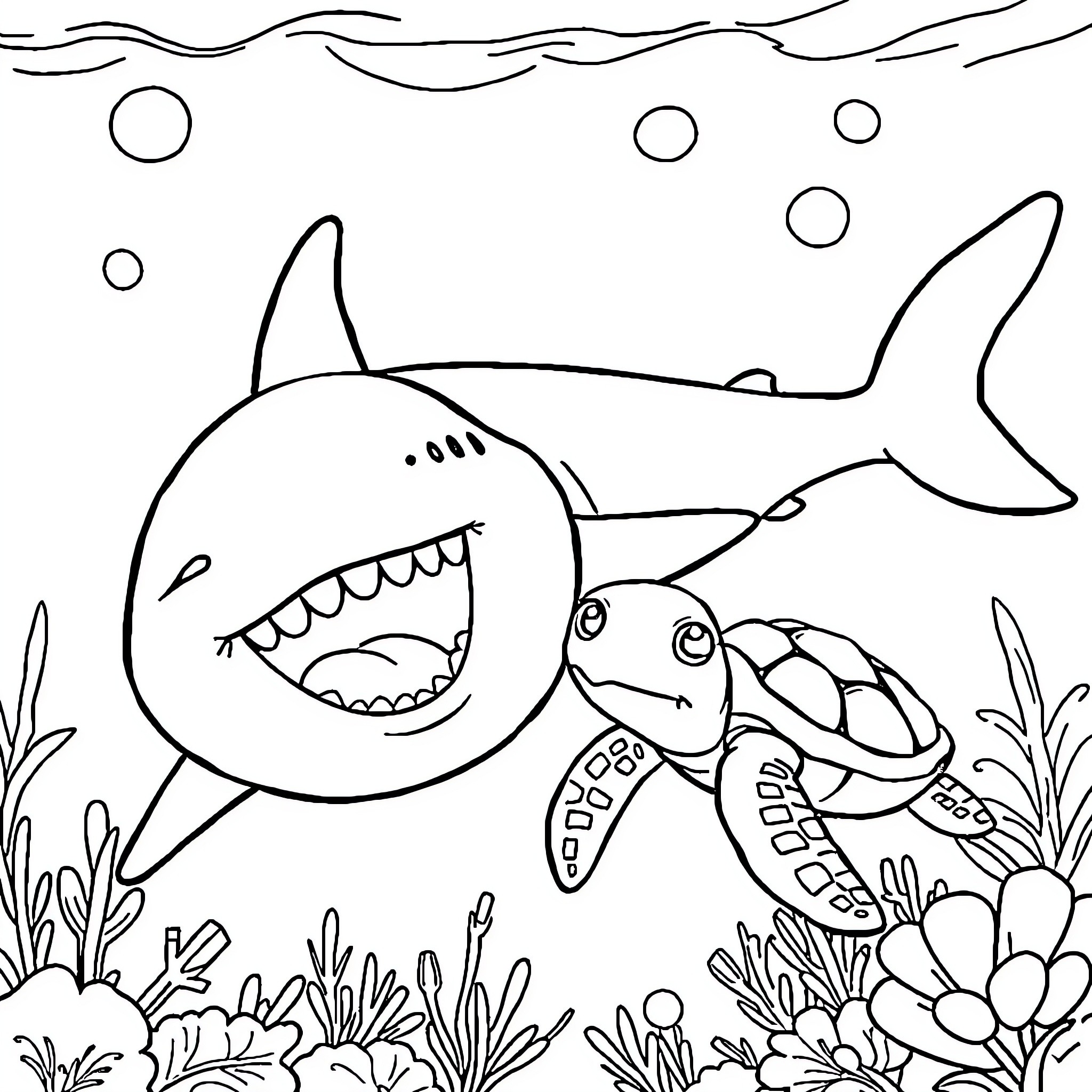 Shark chasing a curious turtle underwater Coloring Page (free black-and-white line drawing printable PDF for all, from beginners to advanced learners, including children, teens, adults, and seniors)