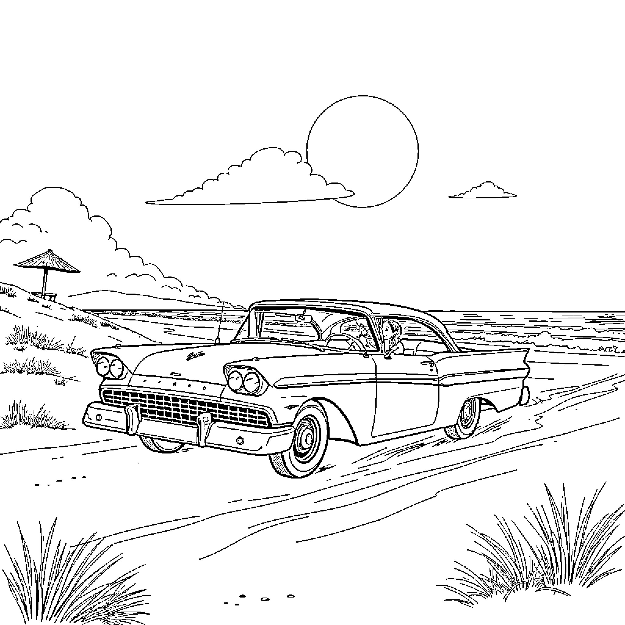 Ford Classic Car on the Beach at Sunset Coloring Page (free black-and-white line drawing printable PDF for all, from beginners to advanced learners, including children, teens, adults, and seniors)