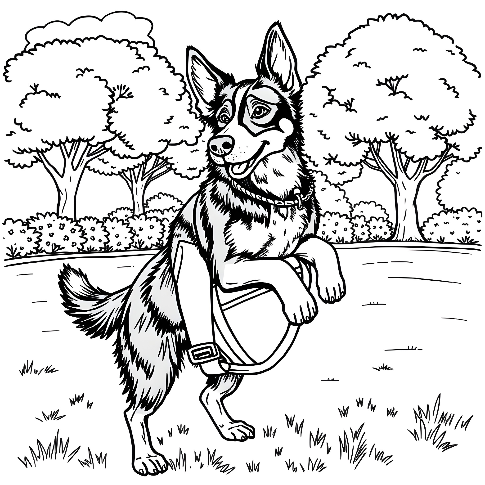 Bluey playing happily in the forest Coloring Page (free black-and-white line drawing printable PDF for all, from beginners to advanced learners, including children, teens, adults, and seniors)