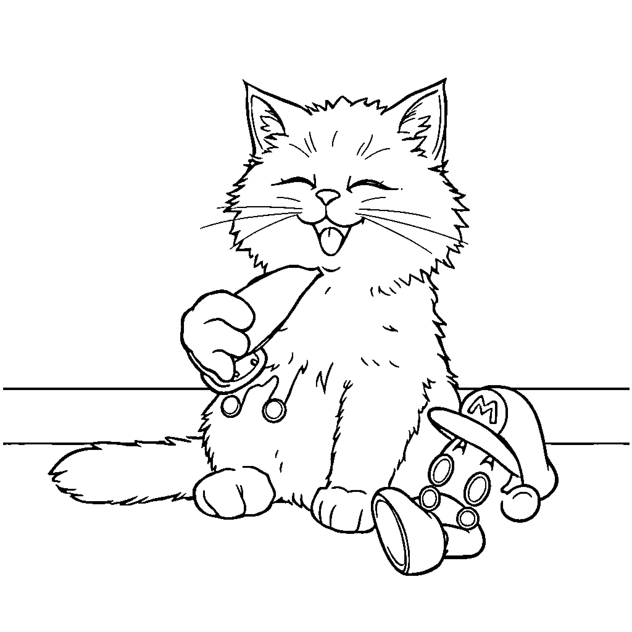 Cat playing with a video game controller Coloring Page (free black-and-white line drawing printable PDF for all, from beginners to advanced learners, including children, teens, adults, and seniors)