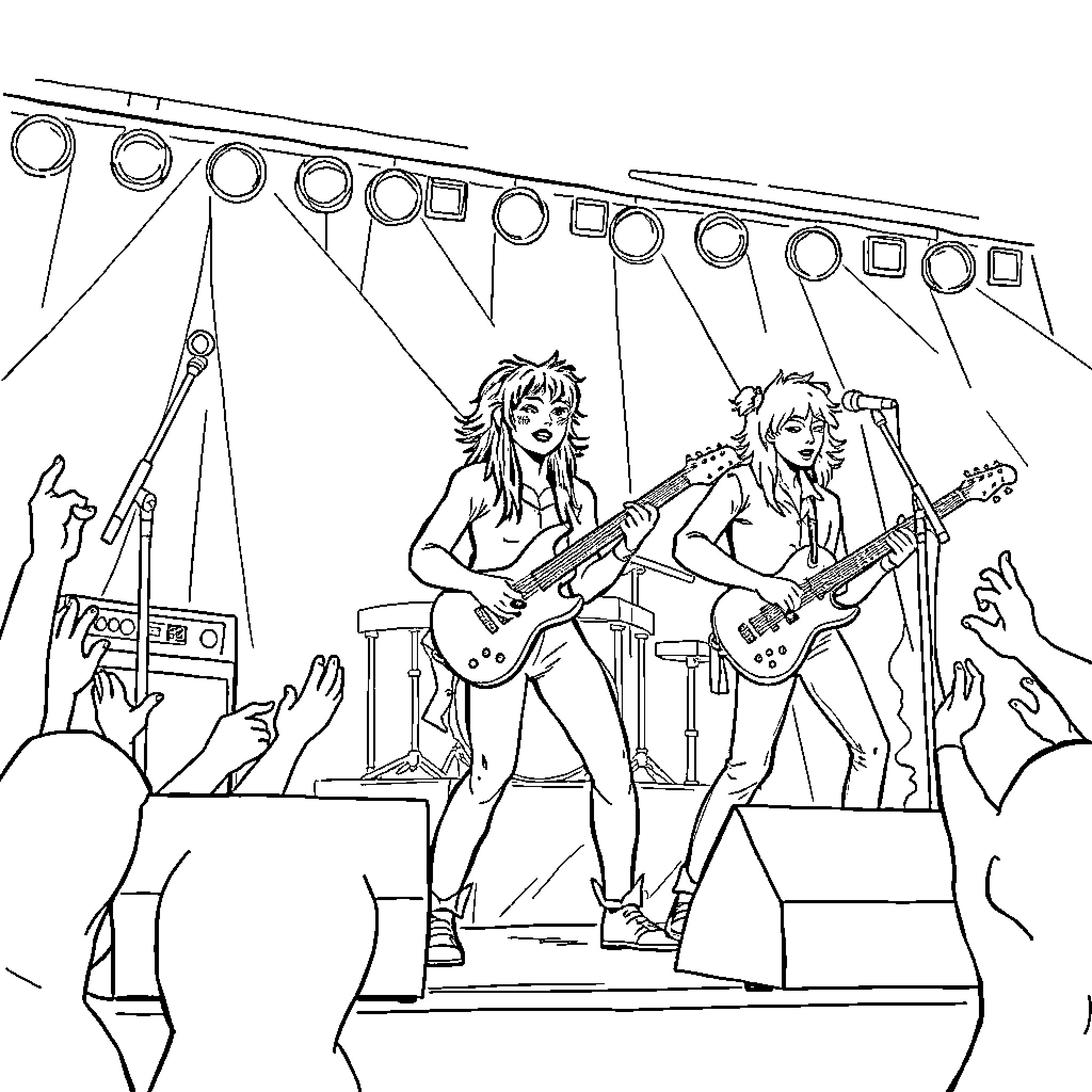 Huntrix Band Performing on Stage Coloring Page (free black-and-white line drawing printable PDF for all, from beginners to advanced learners, including children, teens, adults, and seniors)