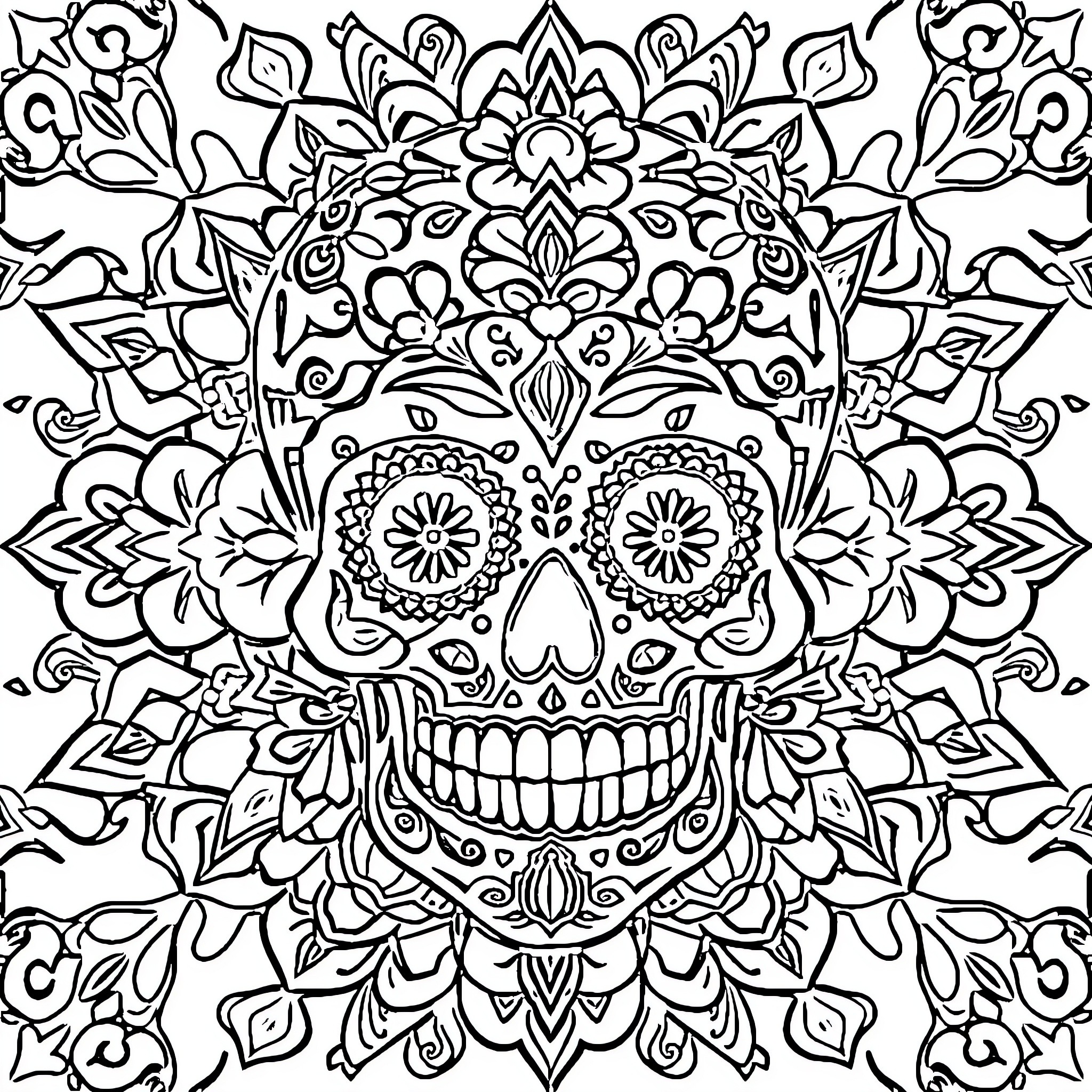 Calavera with intricate floral patterns Coloring Page (free black-and-white line drawing printable PDF for all, from beginners to advanced learners, including children, teens, adults, and seniors)