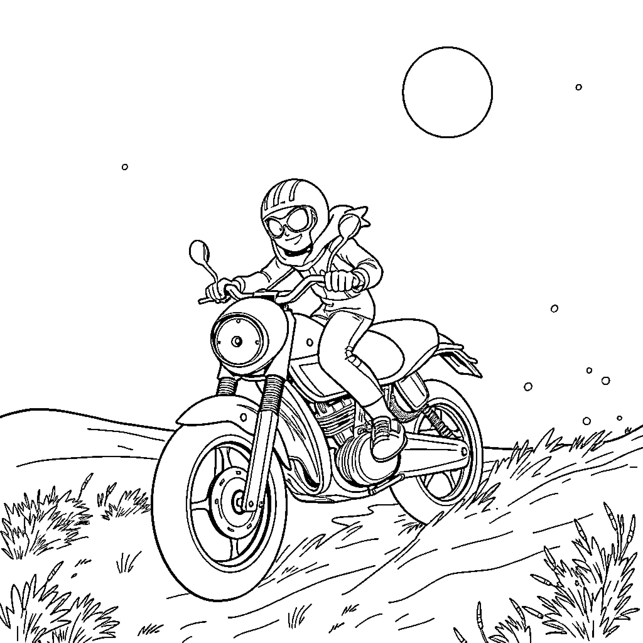 Ghost riding a motorcycle through a field Coloring Page (free black-and-white line drawing printable PDF for all, from beginners to advanced learners, including children, teens, adults, and seniors)