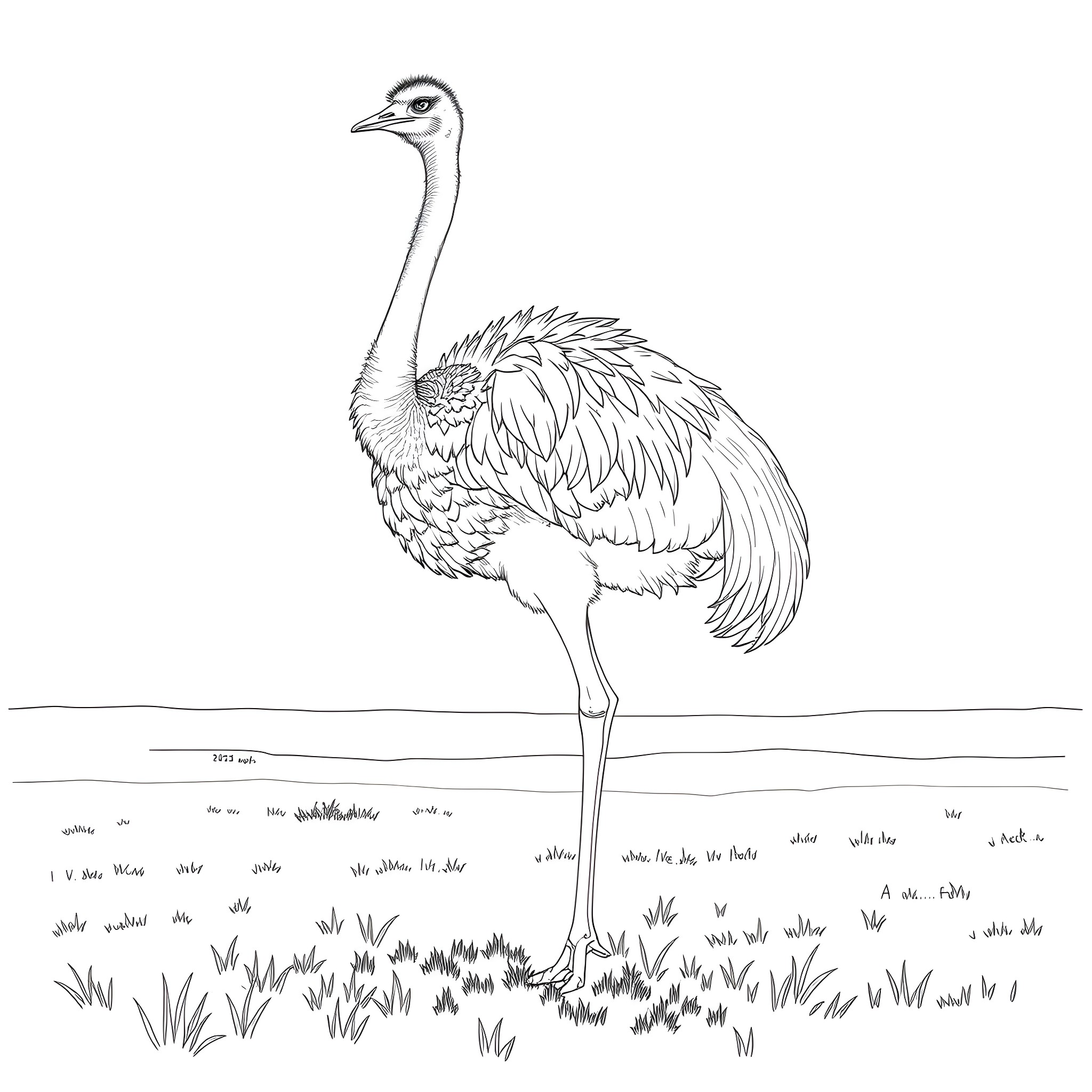Ostrich standing proudly in the grassland Coloring Page (free black-and-white line drawing printable PDF for all, from beginners to advanced learners, including children, teens, adults, and seniors)
