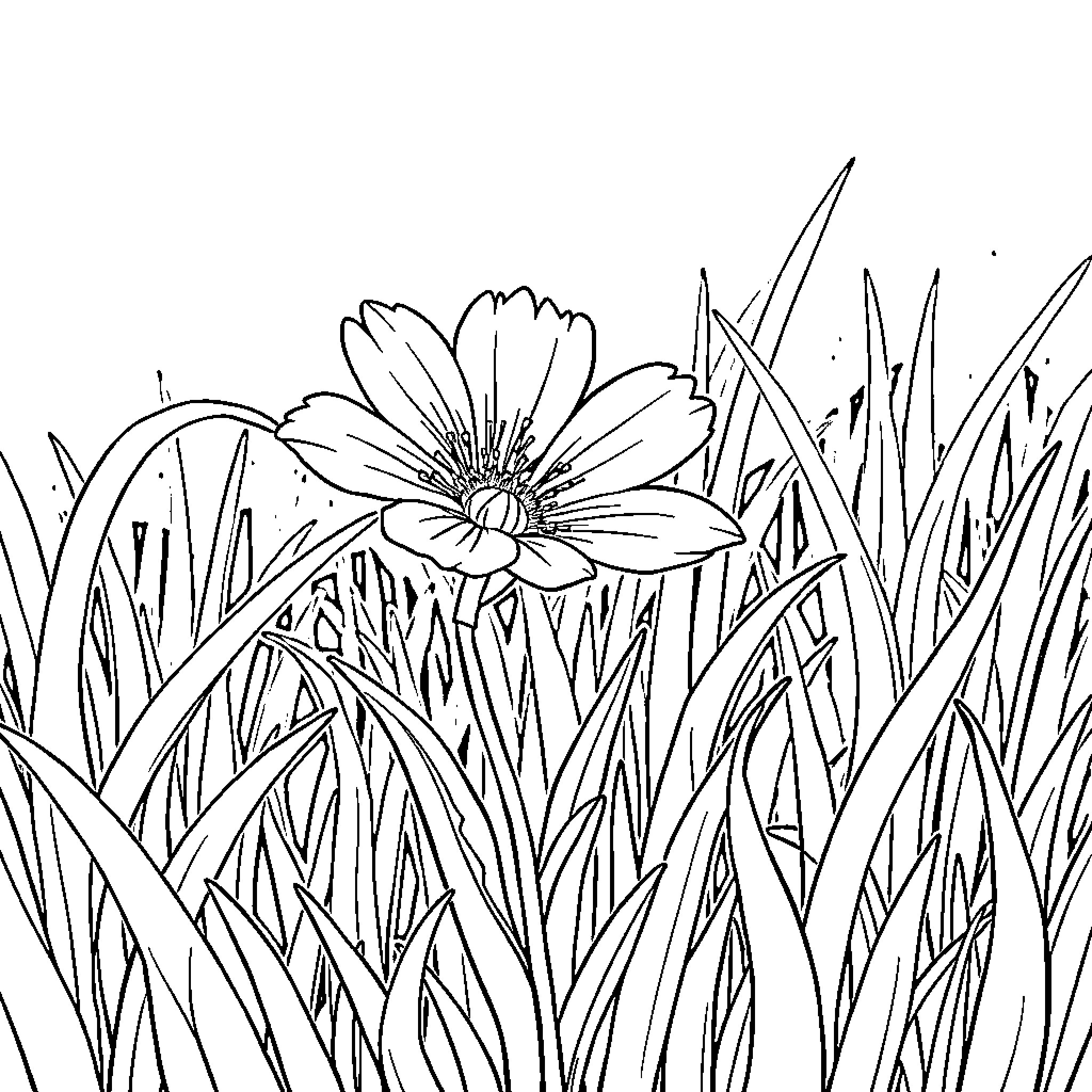 Flower blooming amidst tall grass Coloring Page (free black-and-white line drawing printable PDF for all, from beginners to advanced learners, including children, teens, adults, and seniors)