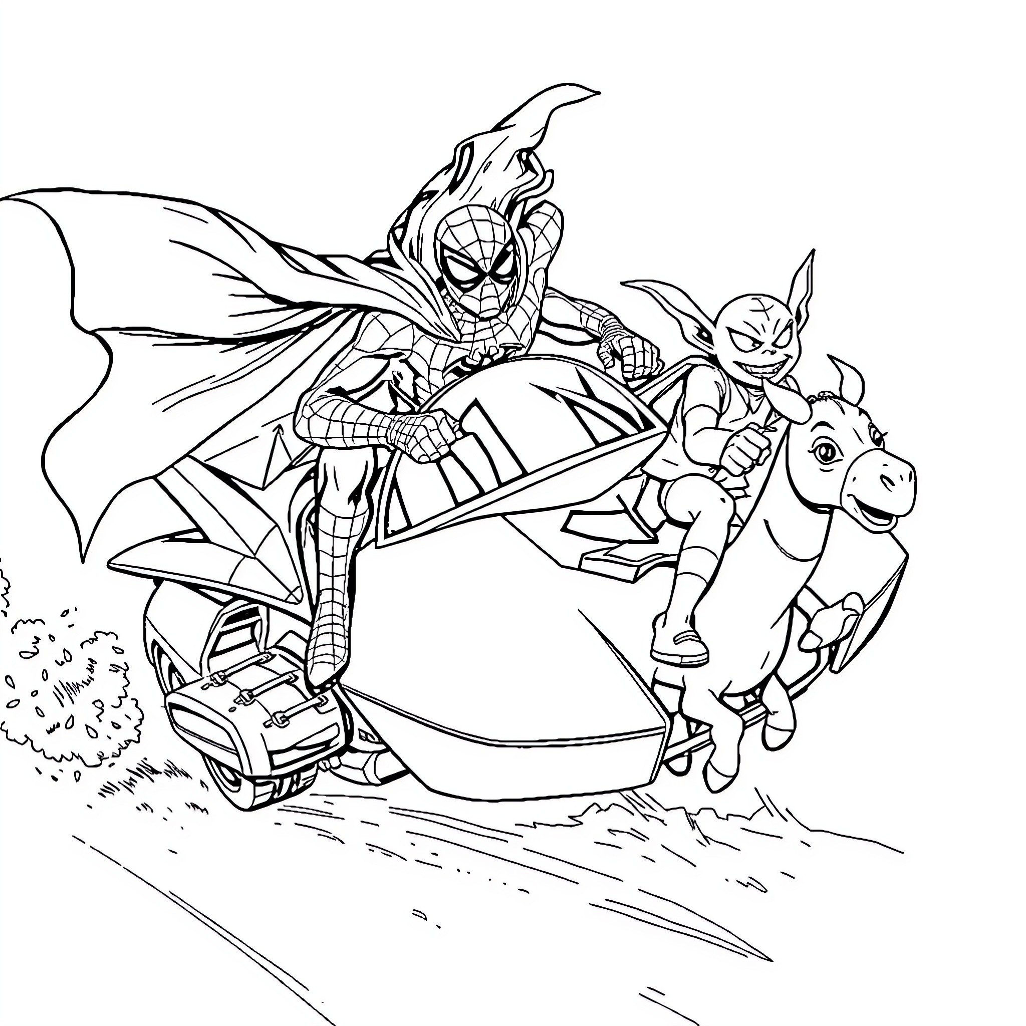 Spiderman and his friends on an adventure Coloring Page (free black-and-white line drawing printable PDF for all, from beginners to advanced learners, including children, teens, adults, and seniors)