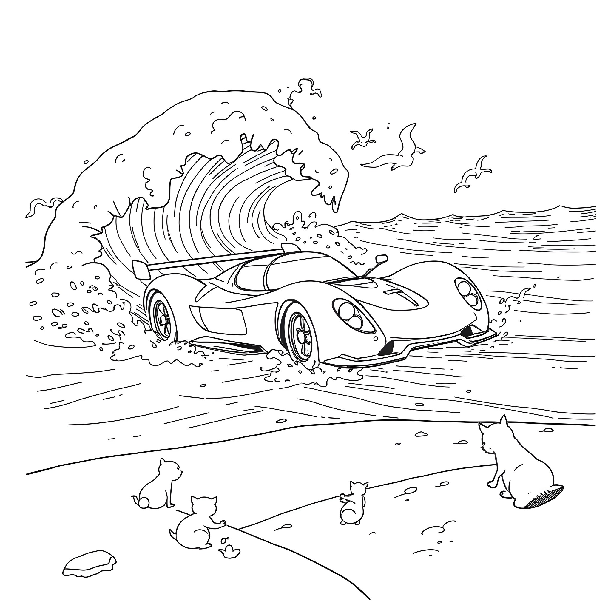 Racecar speeding through waves and wildlife Coloring Page (free black-and-white line drawing printable PDF for all, from beginners to advanced learners, including children, teens, adults, and seniors)