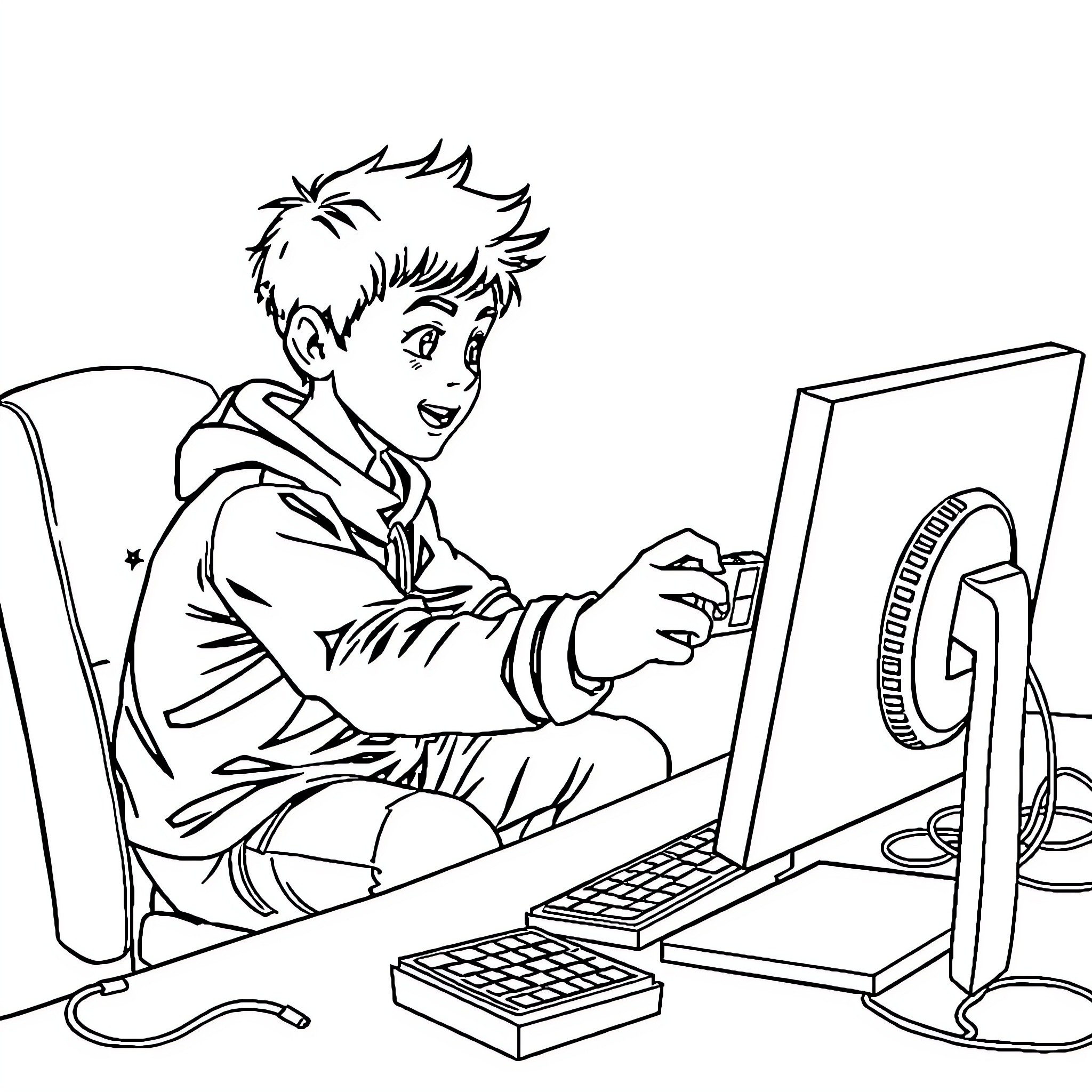 Pumuda boy playing with computer and gaming device Coloring Page (free black-and-white line drawing printable PDF for all, from beginners to advanced learners, including children, teens, adults, and seniors)