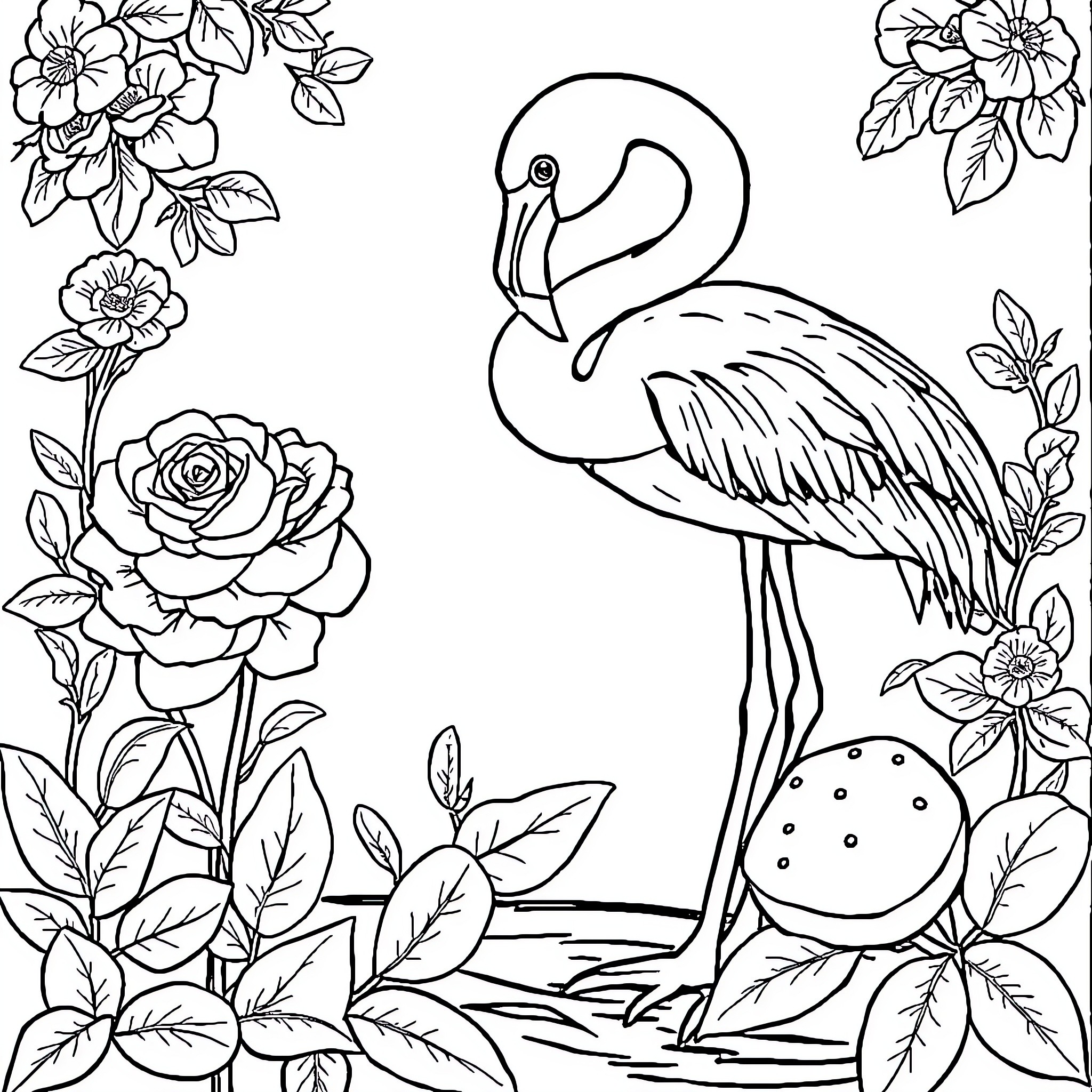 Flamingo amidst floral surroundings Coloring Page (free black-and-white line drawing printable PDF for all, from beginners to advanced learners, including children, teens, adults, and seniors)
