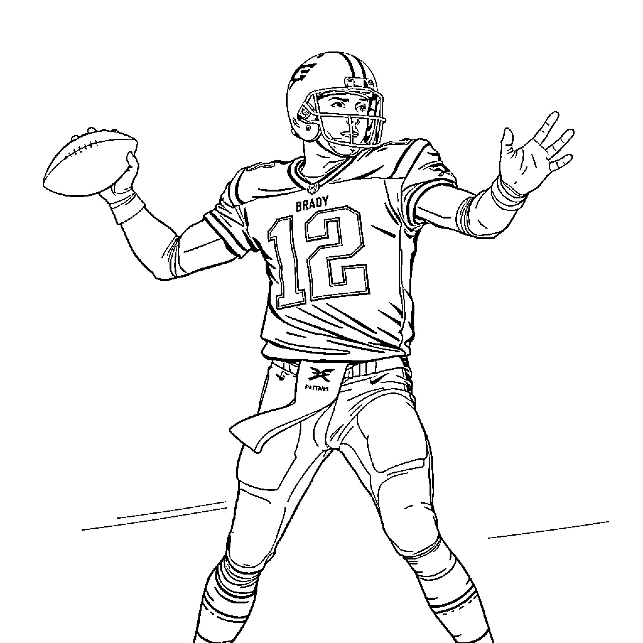 Tom Brady Celebrating Victory on the Field Coloring Page (free black-and-white line drawing printable PDF for all, from beginners to advanced learners, including children, teens, adults, and seniors)