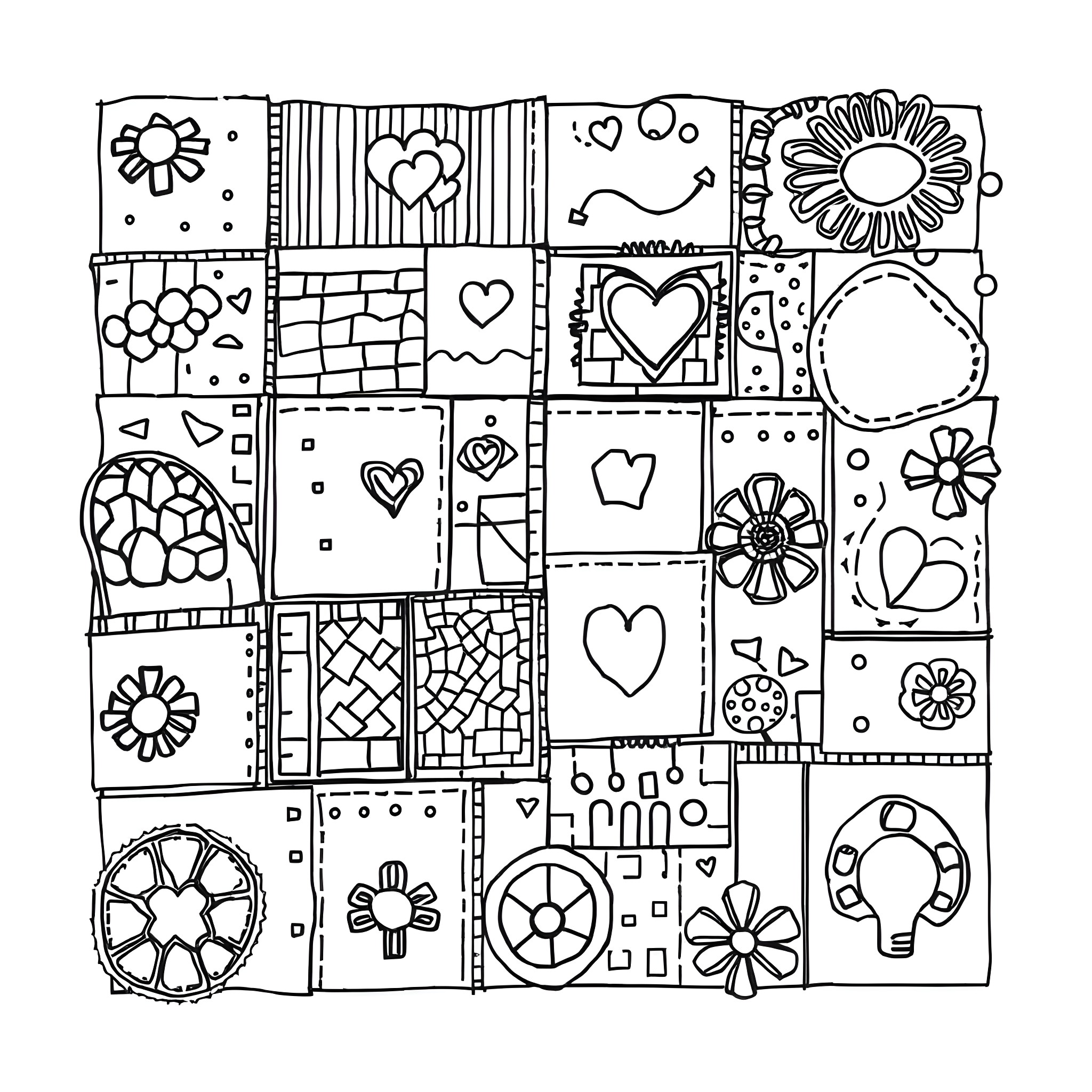 Patchwork of abstract floral and geometric designs Coloring Page (free black-and-white line drawing printable PDF for all, from beginners to advanced learners, including children, teens, adults, and seniors)
