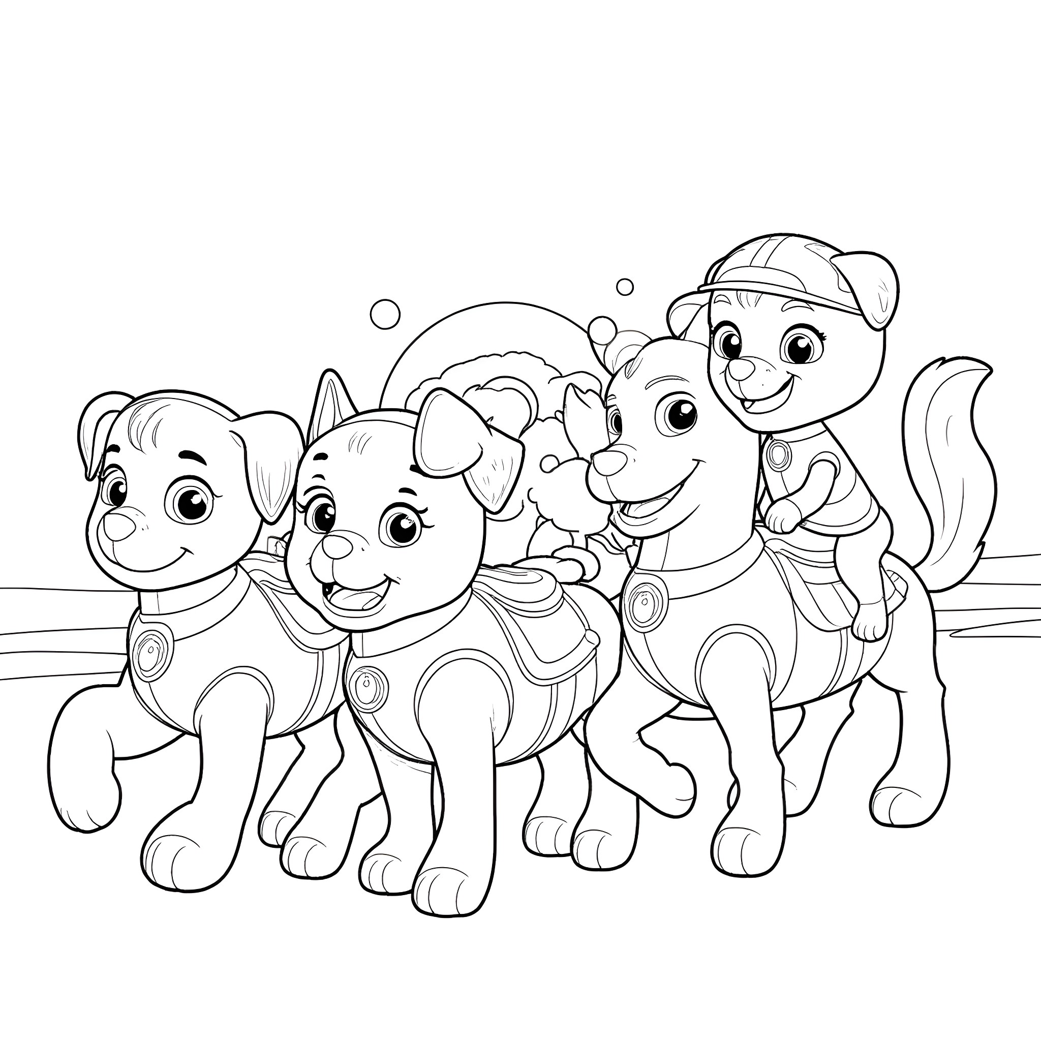 Dog friends playing happily together Coloring Page (free black-and-white line drawing printable PDF for all, from beginners to advanced learners, including children, teens, adults, and seniors)
