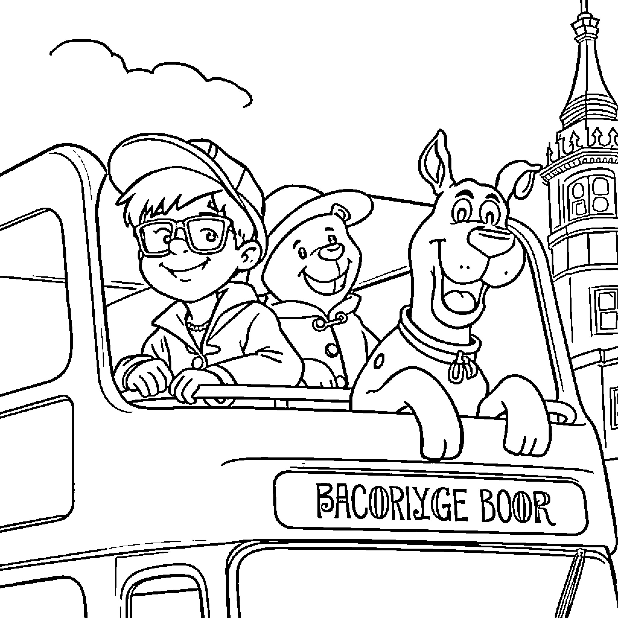 Boy and his friends take a ride on a bus Coloring Page (free black-and-white line drawing printable PDF for all, from beginners to advanced learners, including children, teens, adults, and seniors)