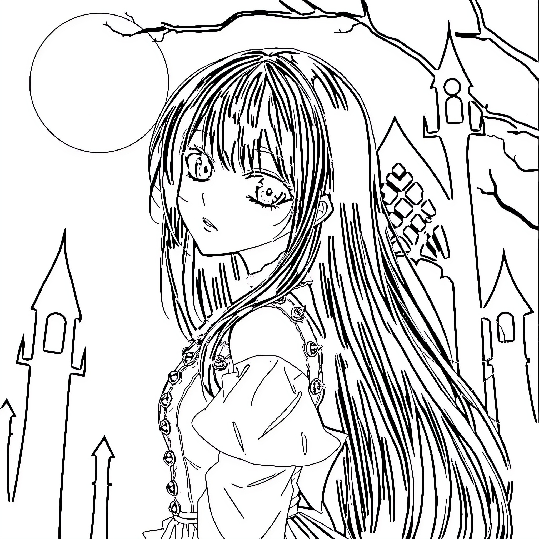Tokisaki Kurumi in a mystical and eerie scene Coloring Page (free black-and-white line drawing printable PDF for all, from beginners to advanced learners, including children, teens, adults, and seniors)