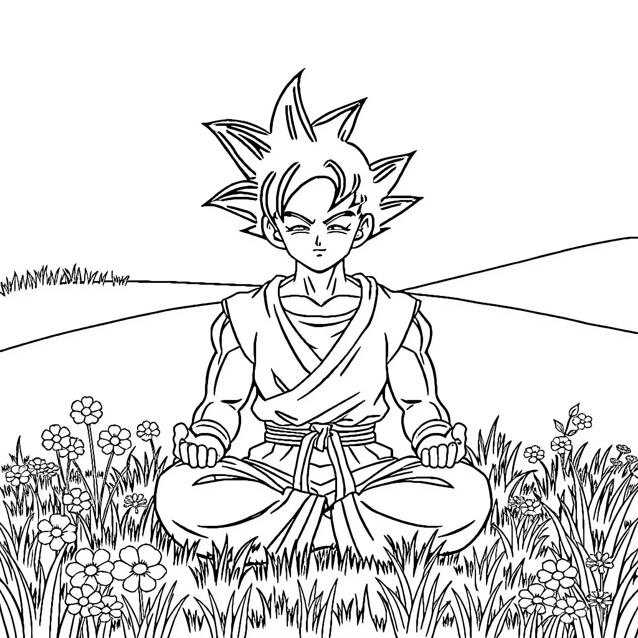Gohan meditating in a tranquil meadow Coloring Page (free black-and-white line drawing printable PDF for all, from beginners to advanced learners, including children, teens, adults, and seniors)