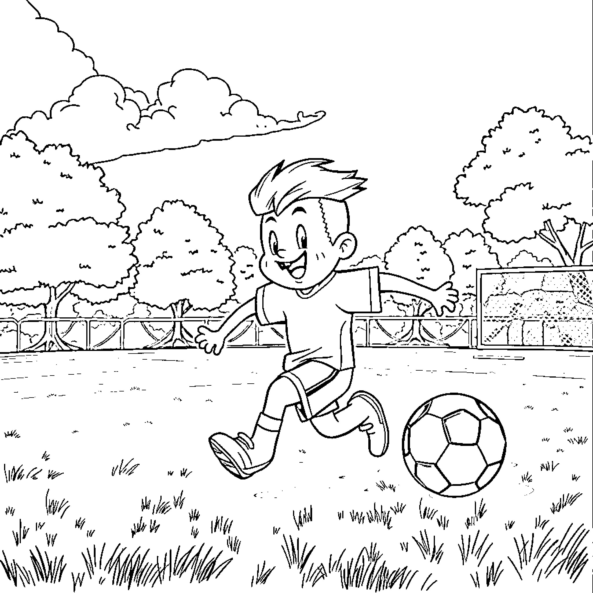 Pocoyo playing with a soccer ball in the park Coloring Page (free black-and-white line drawing printable PDF for all, from beginners to advanced learners, including children, teens, adults, and seniors)