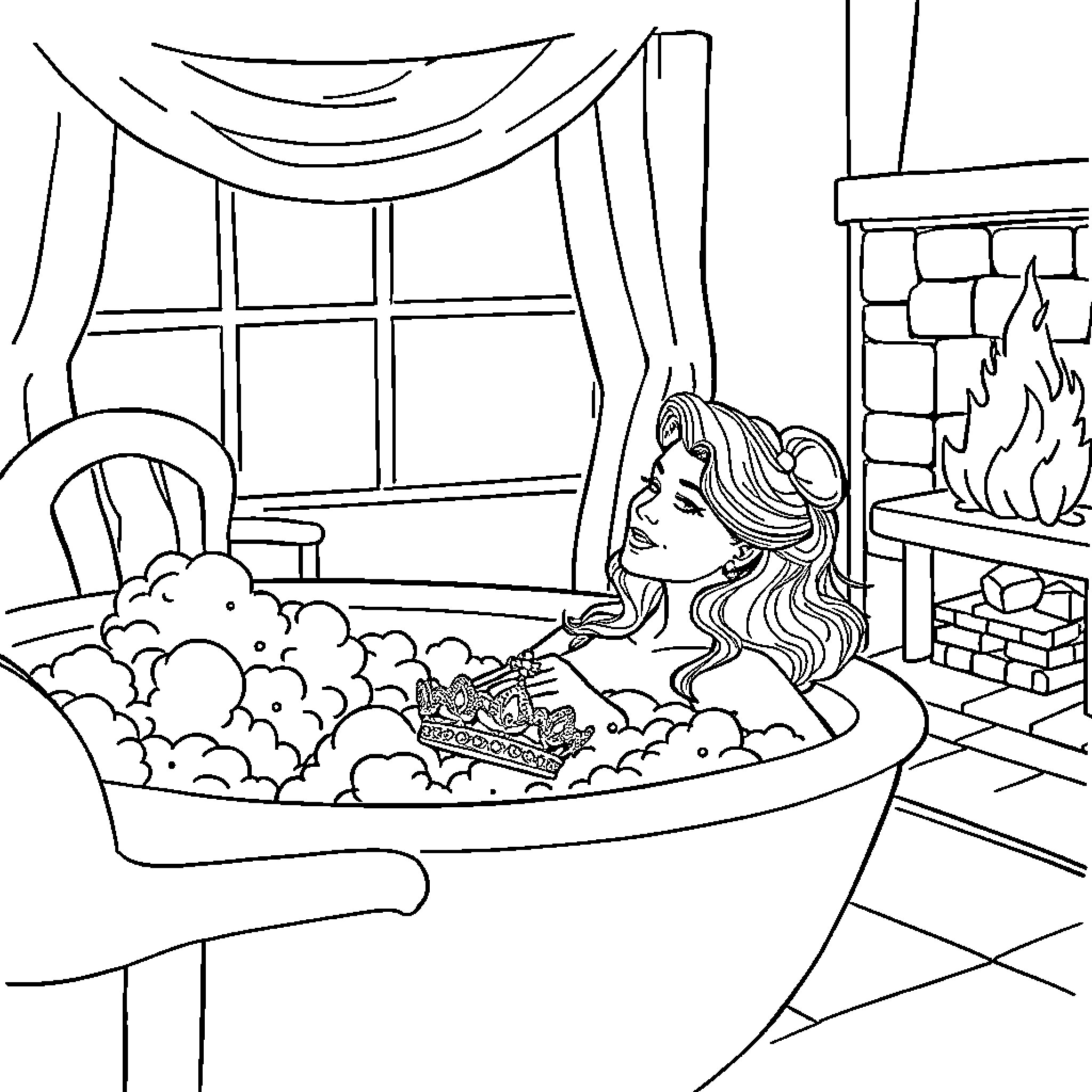 Woman relaxing in a cozy bathtub by the fireplace Coloring Page (free black-and-white line drawing printable PDF for all, from beginners to advanced learners, including children, teens, adults, and seniors)