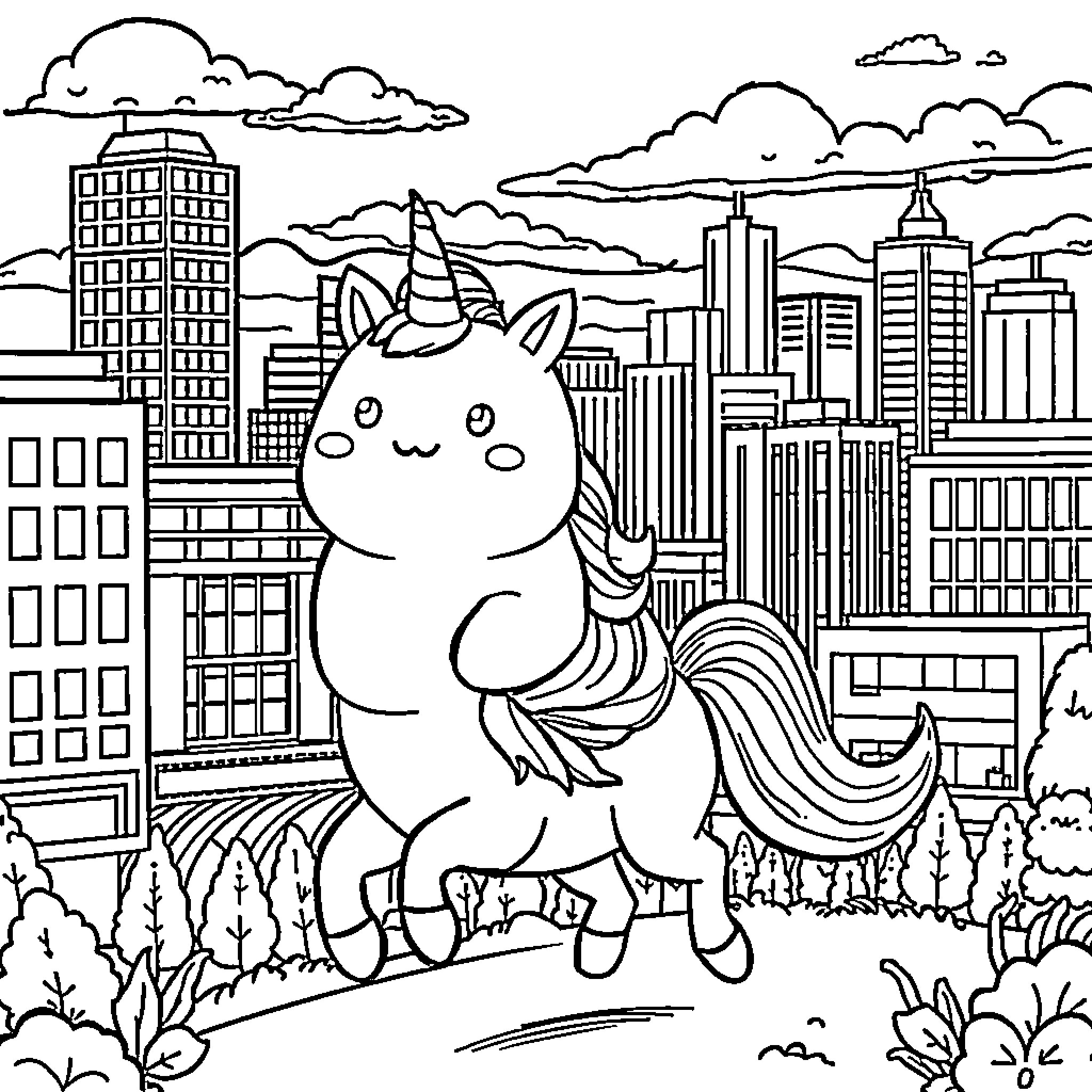 Squishmallow Unicorn Enjoying City Skyline Coloring Page (free black-and-white line drawing printable PDF for all, from beginners to advanced learners, including children, teens, adults, and seniors)