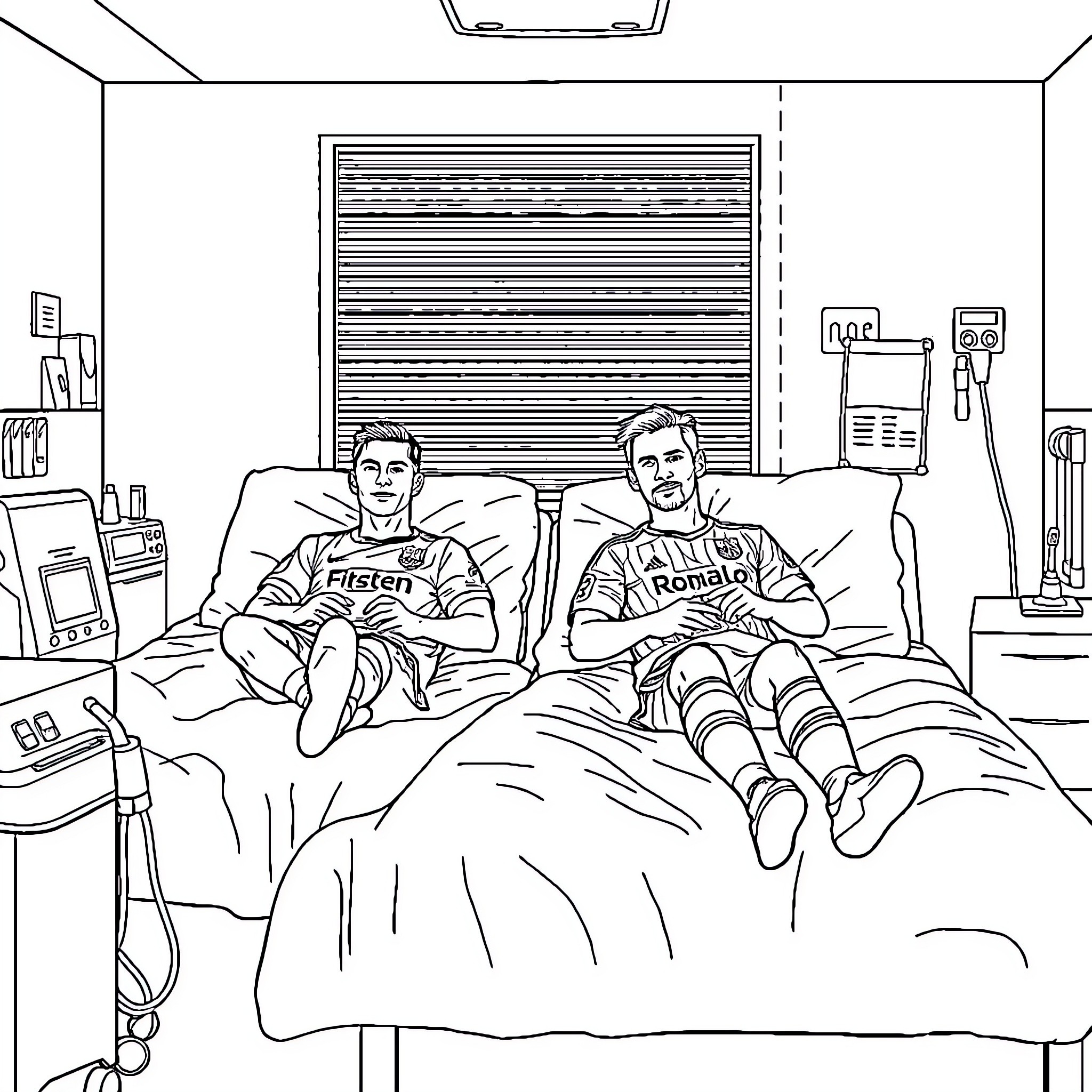 Cristiano Ronaldo and Teammate Relaxing in Hospital Room Coloring Page (free black-and-white line drawing printable PDF for all, from beginners to advanced learners, including children, teens, adults, and seniors)