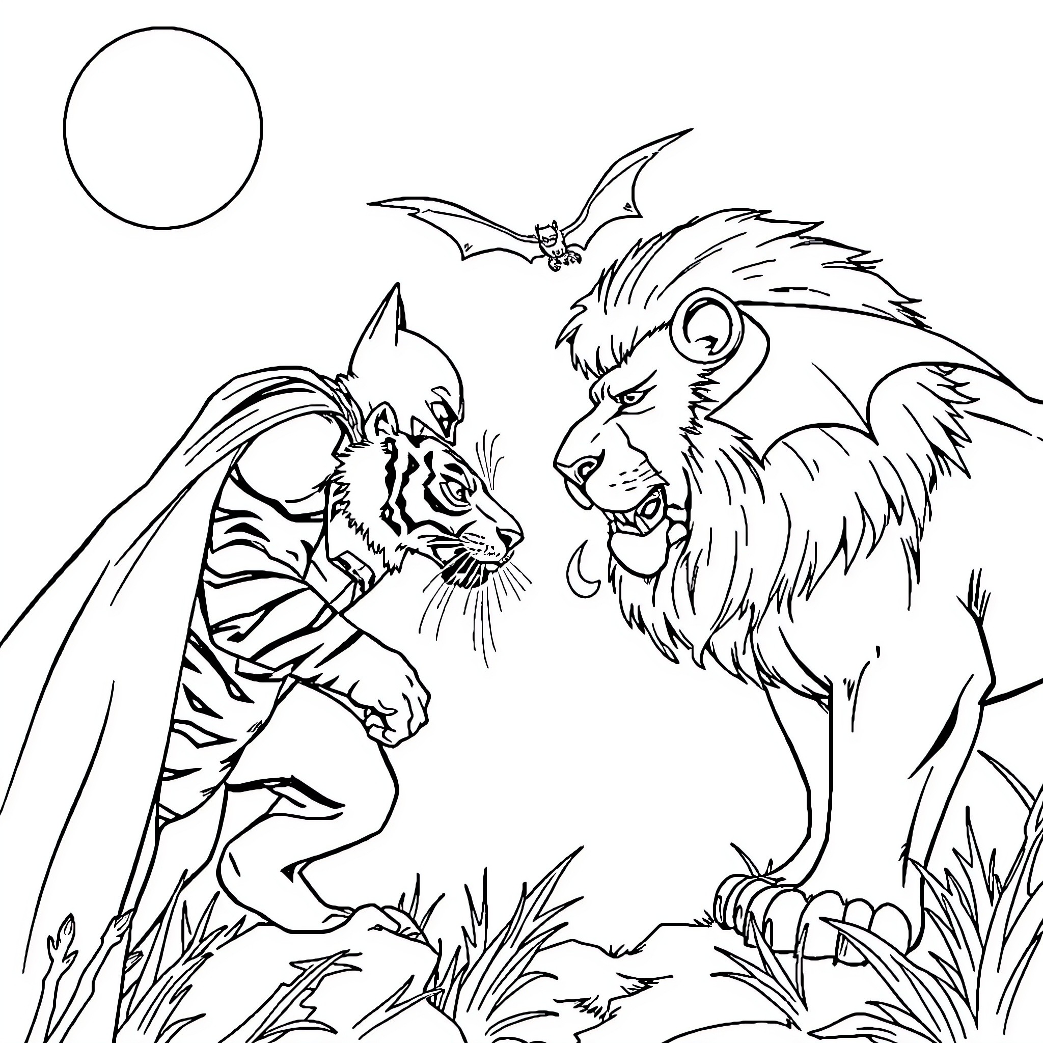 Tiger battling a winged beast in the wilderness Coloring Page (free black-and-white line drawing printable PDF for all, from beginners to advanced learners, including children, teens, adults, and seniors)