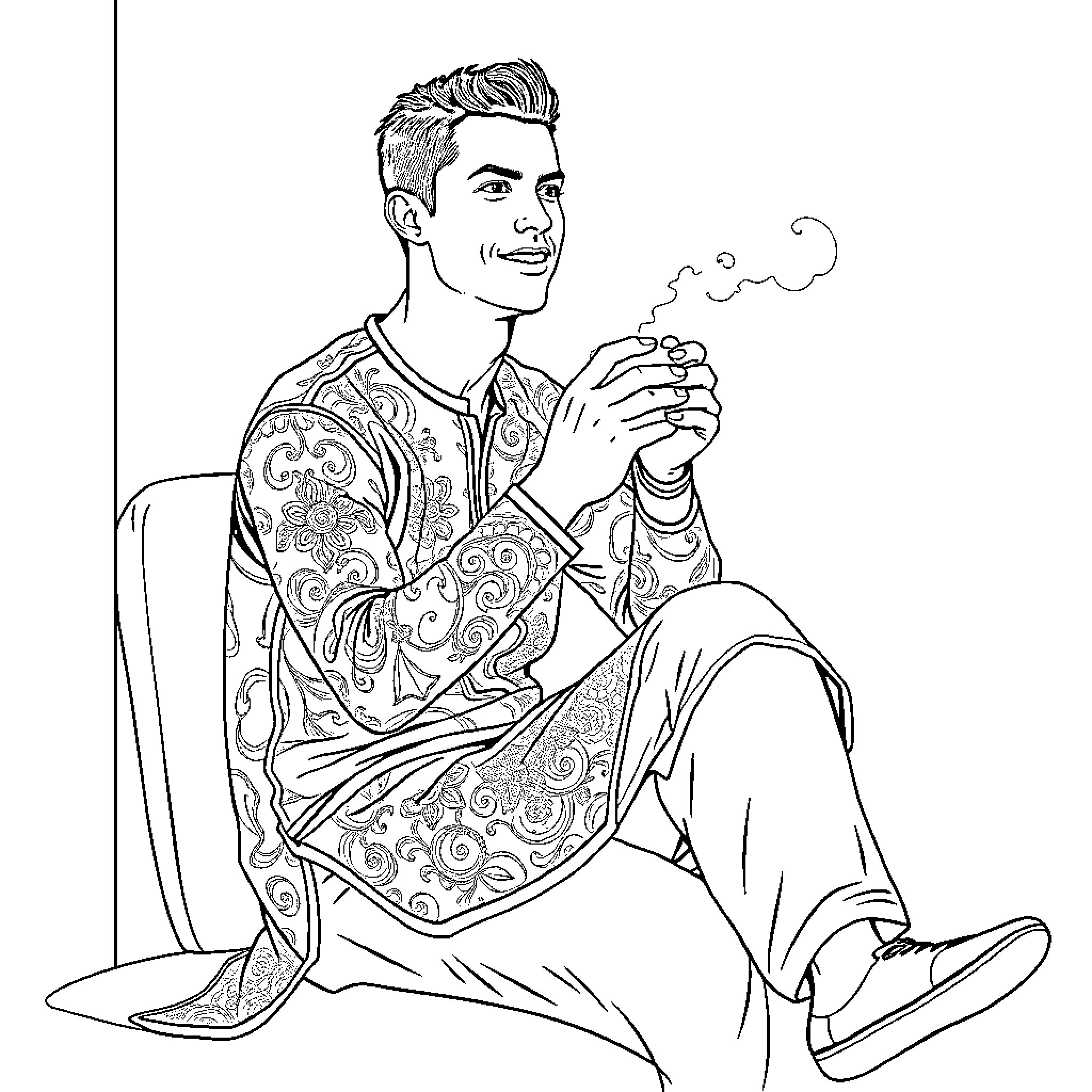 Cristiano Ronaldo enjoying a cigarette break Coloring Page (free black-and-white line drawing printable PDF for all, from beginners to advanced learners, including children, teens, adults, and seniors)