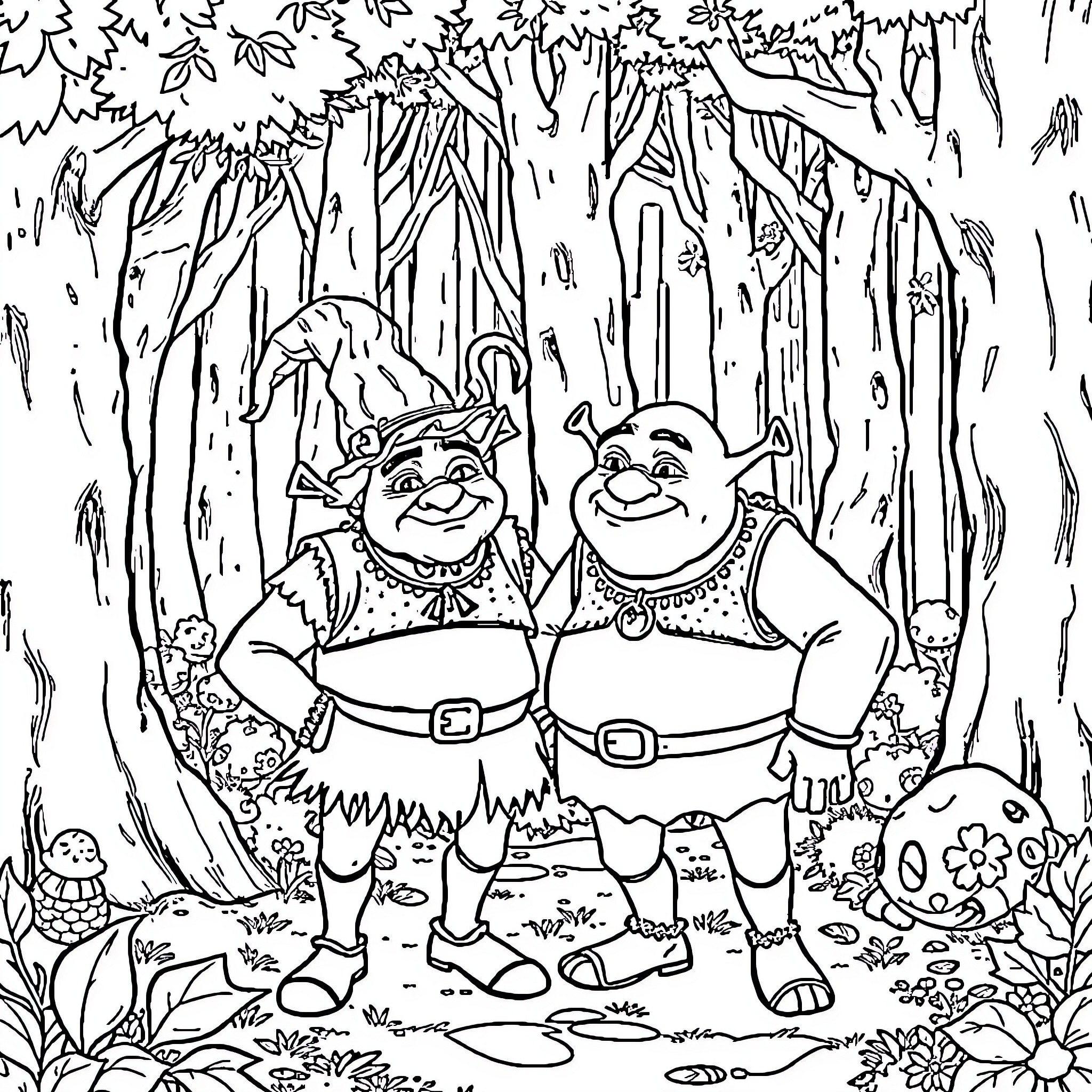Rumpelstiltskin's Merry Encounter in the Enchanted Forest Coloring Page (free black-and-white line drawing printable PDF for all, from beginners to advanced learners, including children, teens, adults, and seniors)