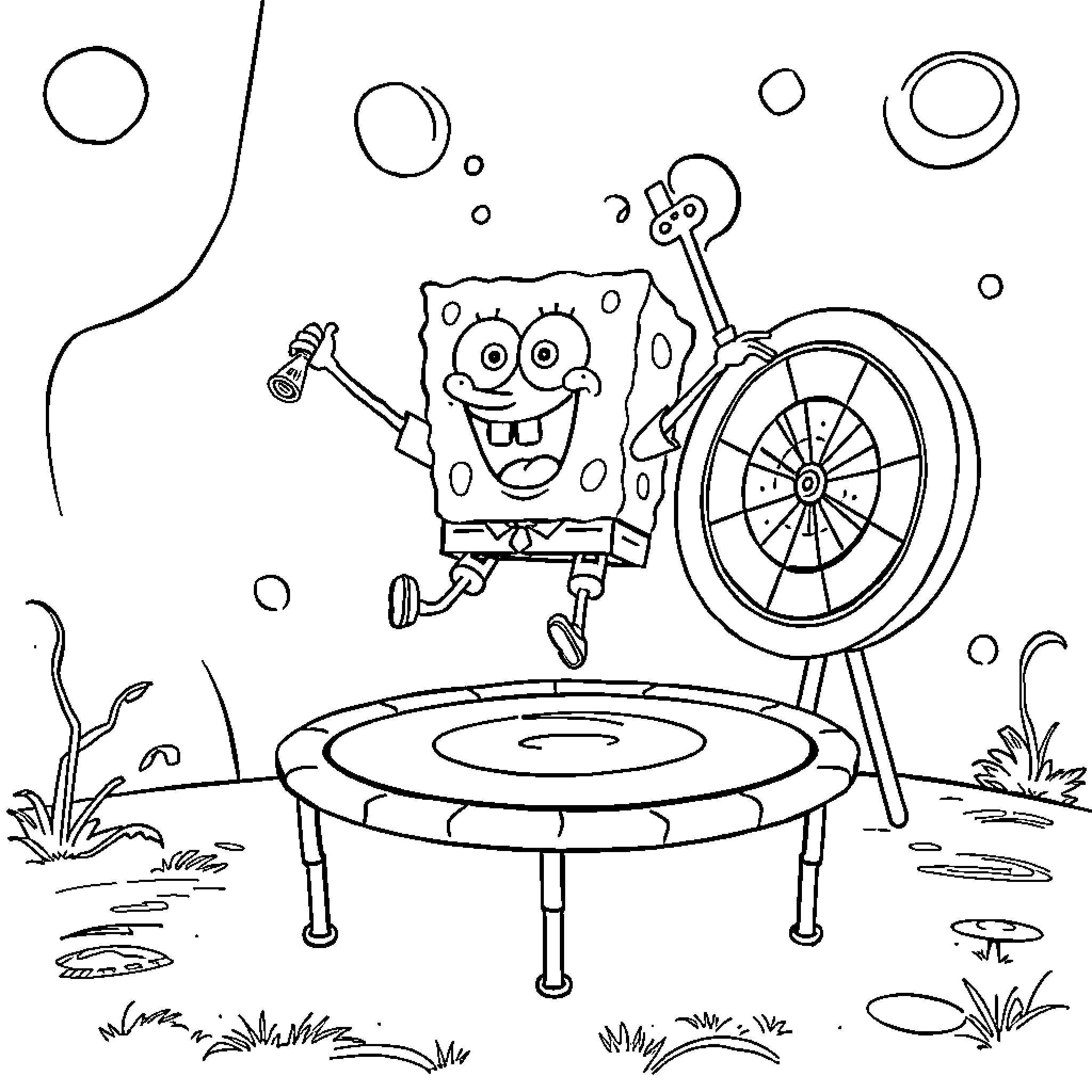 Spongebob jumping on trampoline with bubbles Coloring Page (free black-and-white line drawing printable PDF for all, from beginners to advanced learners, including children, teens, adults, and seniors)