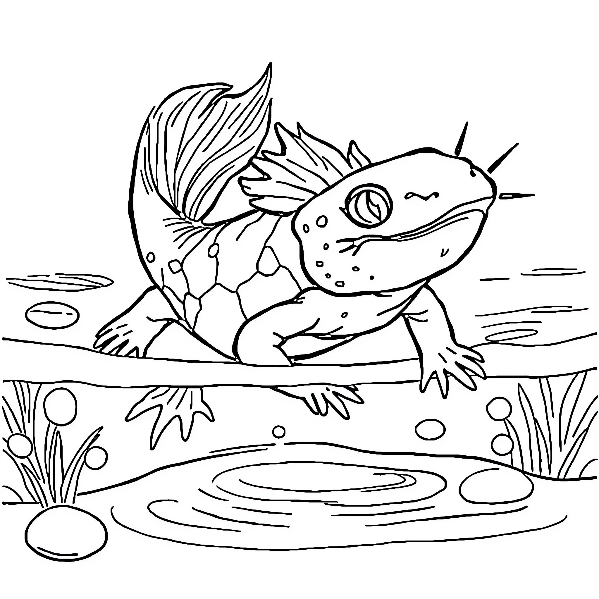 Axolotl exploring the underwater habitat Coloring Page (free black-and-white line drawing printable PDF for all, from beginners to advanced learners, including children, teens, adults, and seniors)