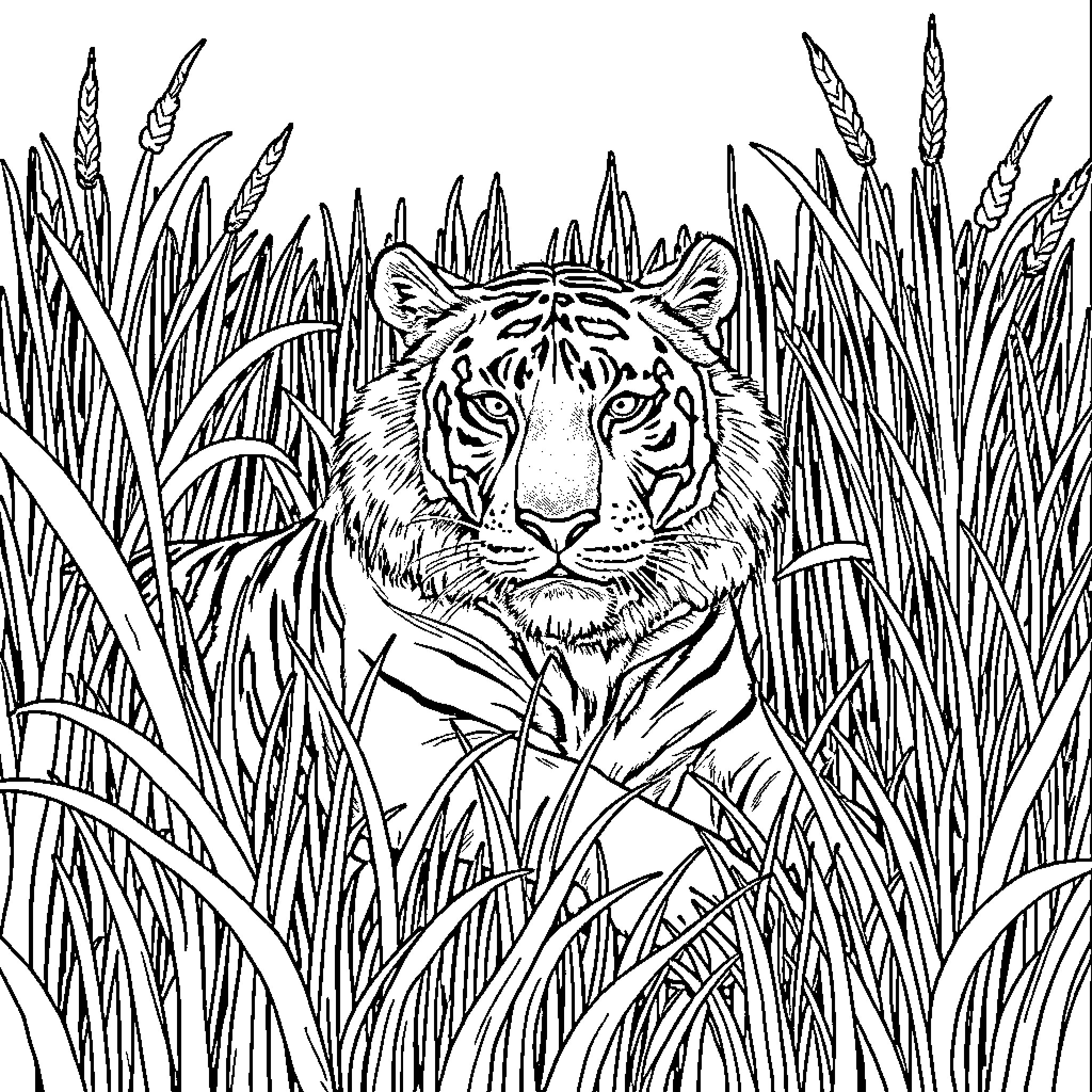 Tiger Lurking Amidst Tall Grass Coloring Page (free black-and-white line drawing printable PDF for all, from beginners to advanced learners, including children, teens, adults, and seniors)
