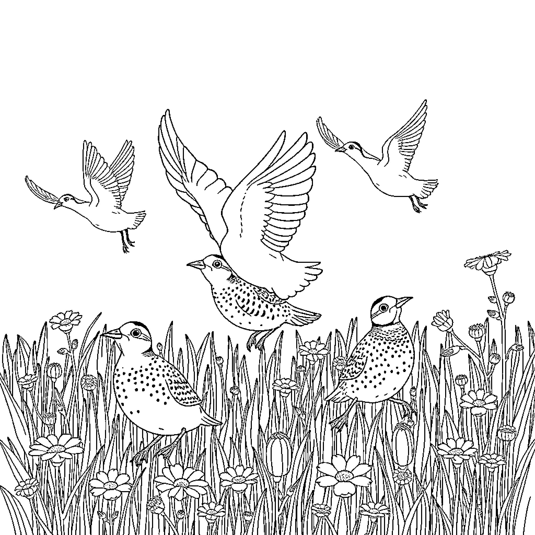 Quail taking flight in a floral meadow Coloring Page (free black-and-white line drawing printable PDF for all, from beginners to advanced learners, including children, teens, adults, and seniors)