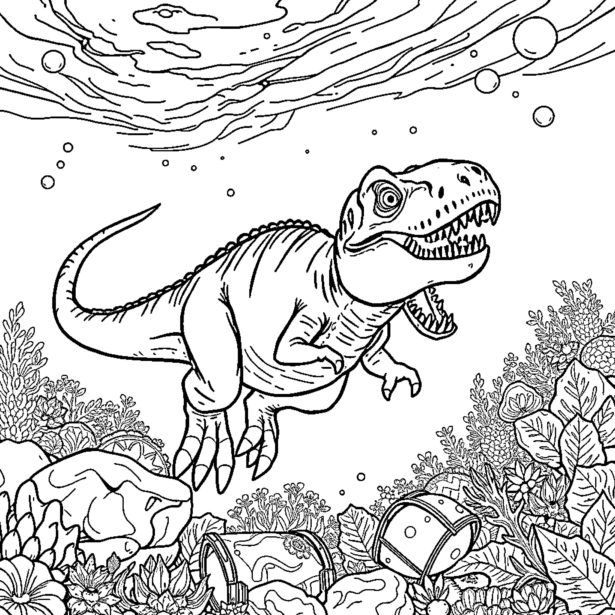Trex exploring vibrant underwater world Coloring Page (free black-and-white line drawing printable PDF for all, from beginners to advanced learners, including children, teens, adults, and seniors)