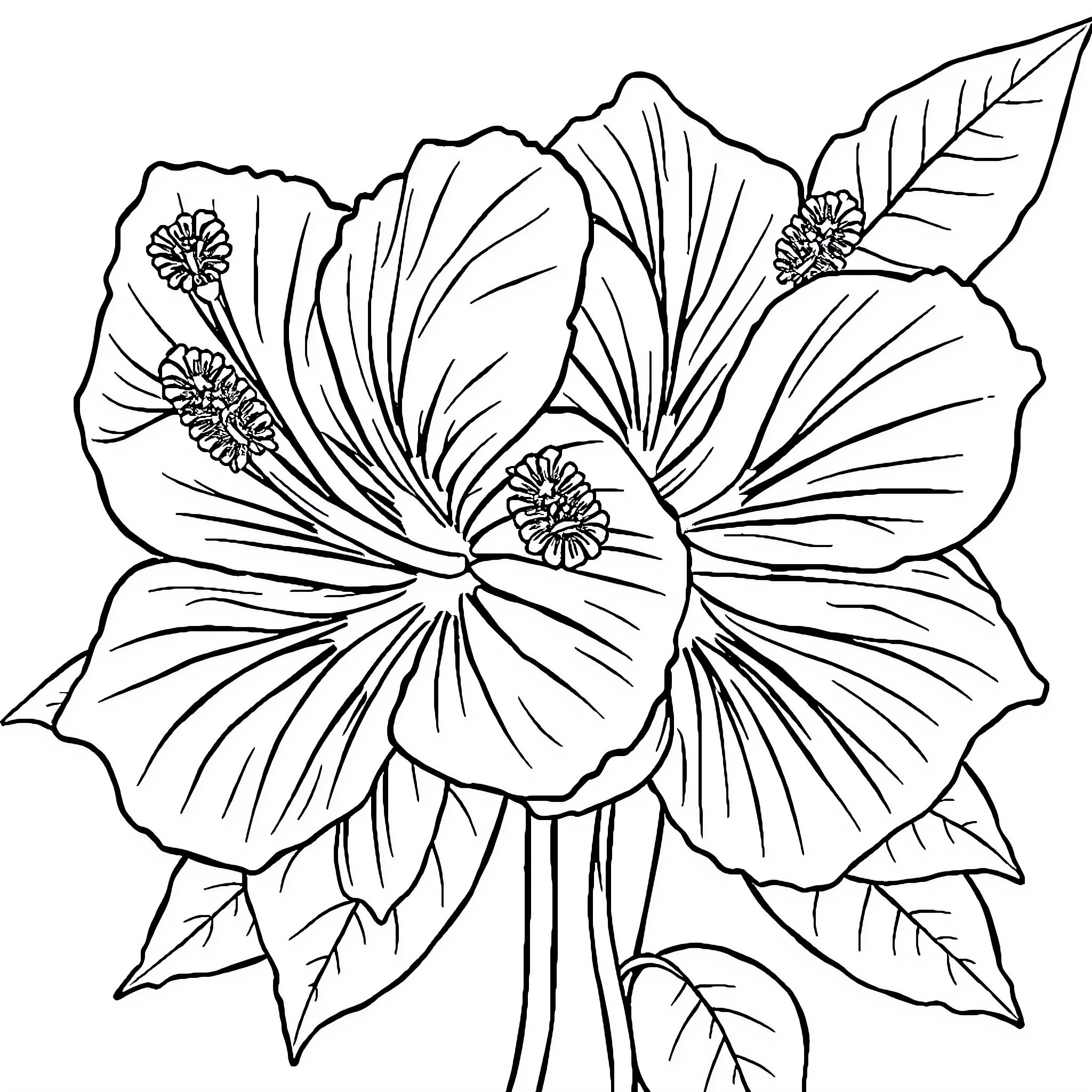 Hibiscus Flower with Detailed Petals and Leaves Coloring Page (free black-and-white line drawing printable PDF for all, from beginners to advanced learners, including children, teens, adults, and seniors)