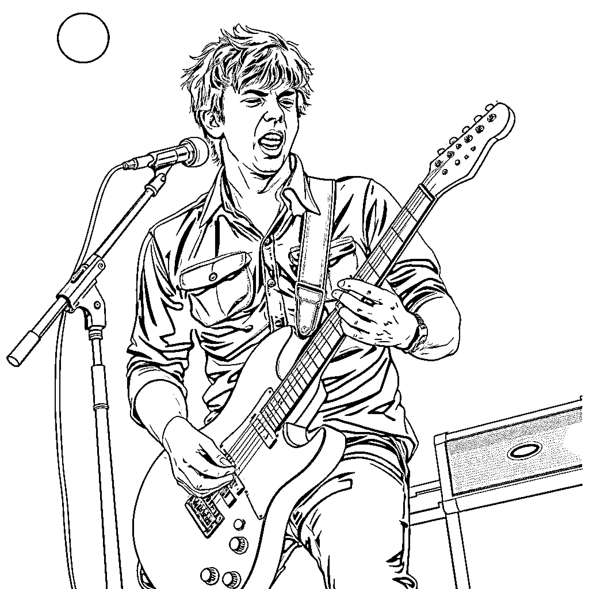 Tom DeLonge performing energetically on stage with guitar Coloring Page (free black-and-white line drawing printable PDF for all, from beginners to advanced learners, including children, teens, adults, and seniors)