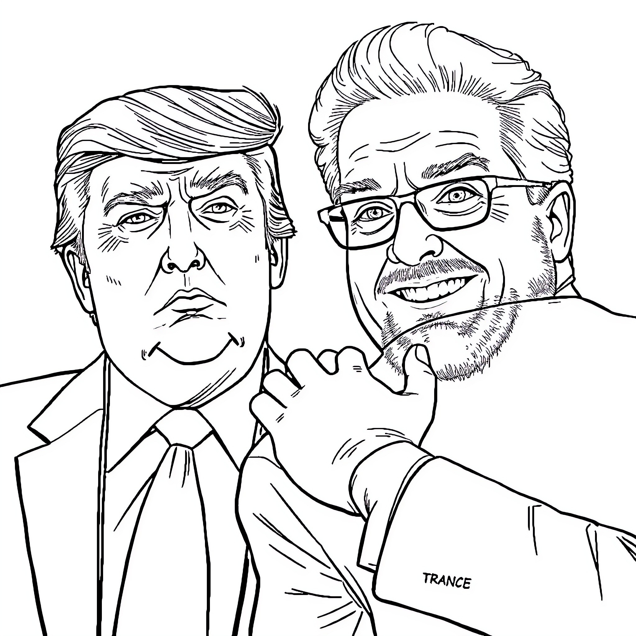 Trump and Businessman in Serious Discussion Coloring Page (free black-and-white line drawing printable PDF for all, from beginners to advanced learners, including children, teens, adults, and seniors)