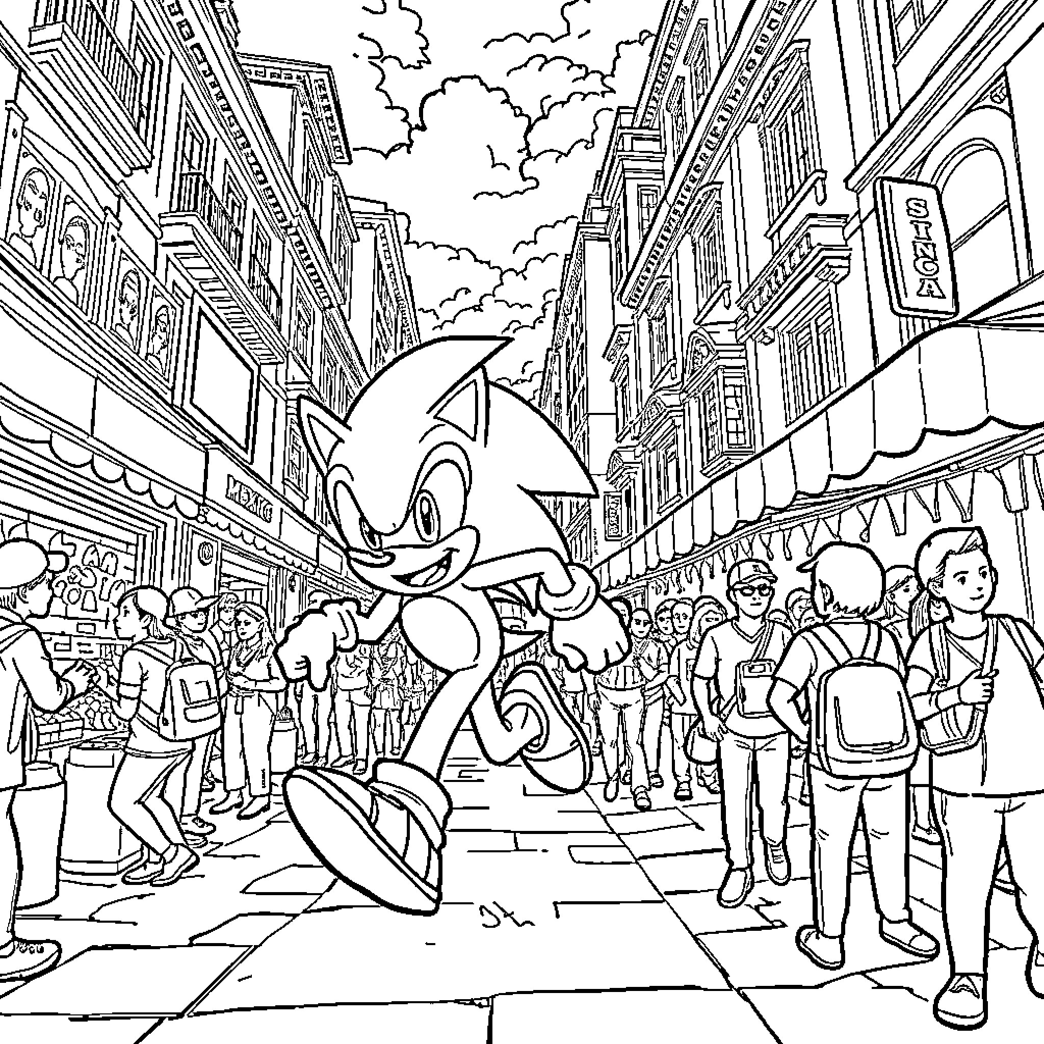 Sonic's Bustling Urban Adventure Coloring Page (free black-and-white line drawing printable PDF for all, from beginners to advanced learners, including children, teens, adults, and seniors)