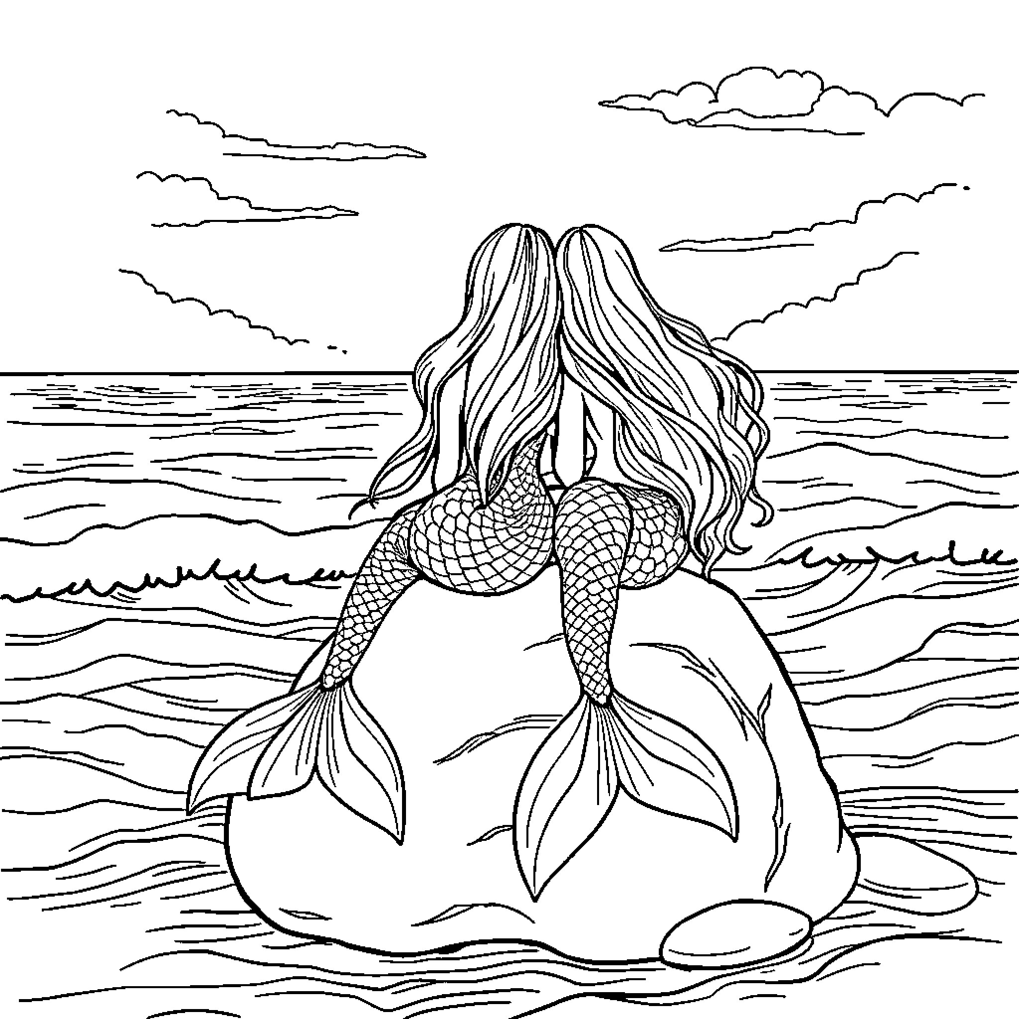Mermaid enjoying the ocean view Coloring Page (free black-and-white line drawing printable PDF for all, from beginners to advanced learners, including children, teens, adults, and seniors)