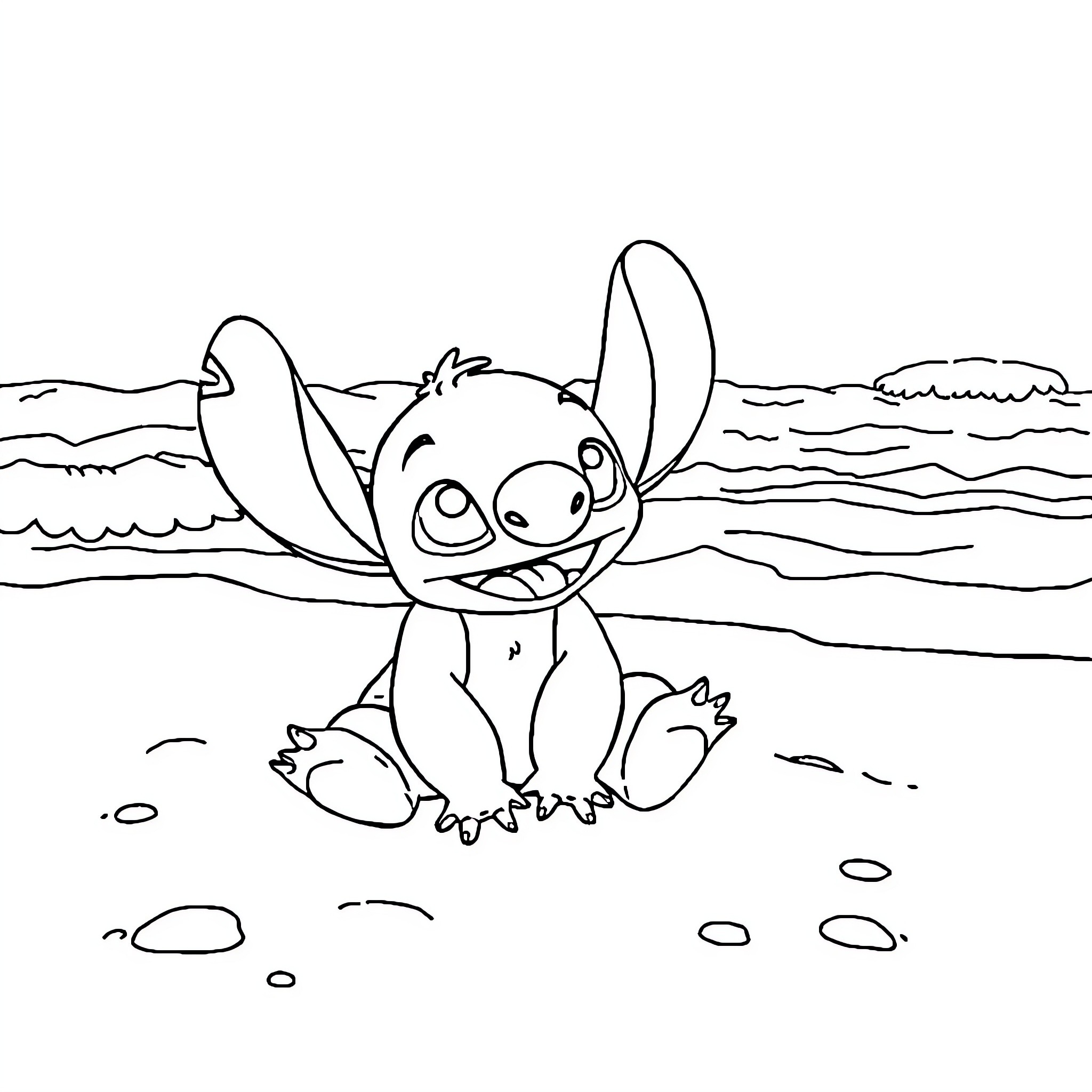 Stitch relaxing on the beach Coloring Page (free black-and-white line drawing printable PDF for all, from beginners to advanced learners, including children, teens, adults, and seniors)