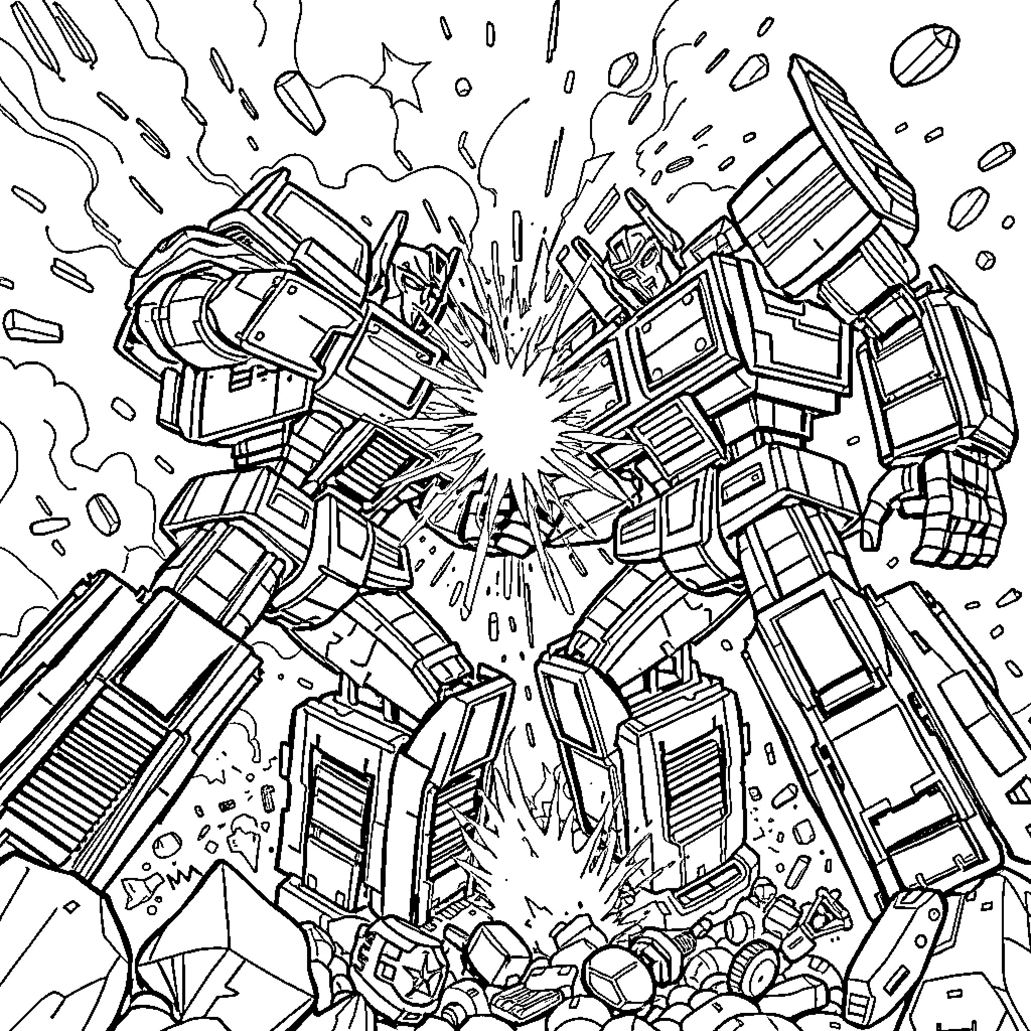 Transformer crushing through a cityscape Coloring Page (free black-and-white line drawing printable PDF for all, from beginners to advanced learners, including children, teens, adults, and seniors)