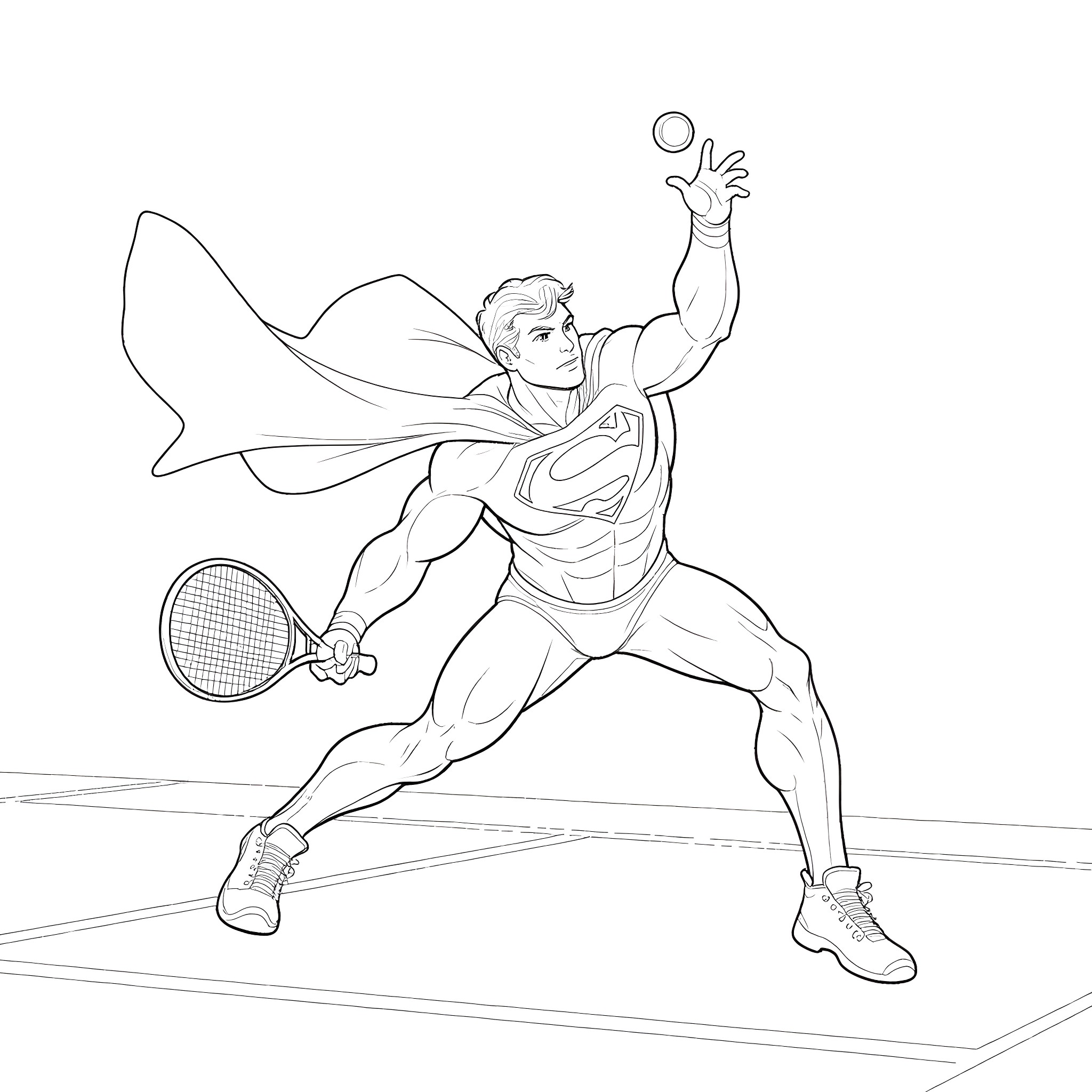 Superman playing tennis in superhero pose Coloring Page (free black-and-white line drawing printable PDF for all, from beginners to advanced learners, including children, teens, adults, and seniors)