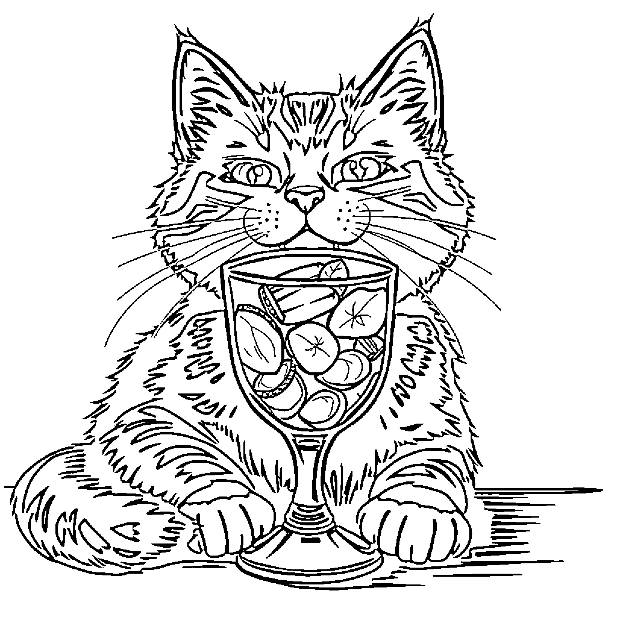 Cat enjoying a refreshing drink Coloring Page (free black-and-white line drawing printable PDF for all, from beginners to advanced learners, including children, teens, adults, and seniors)